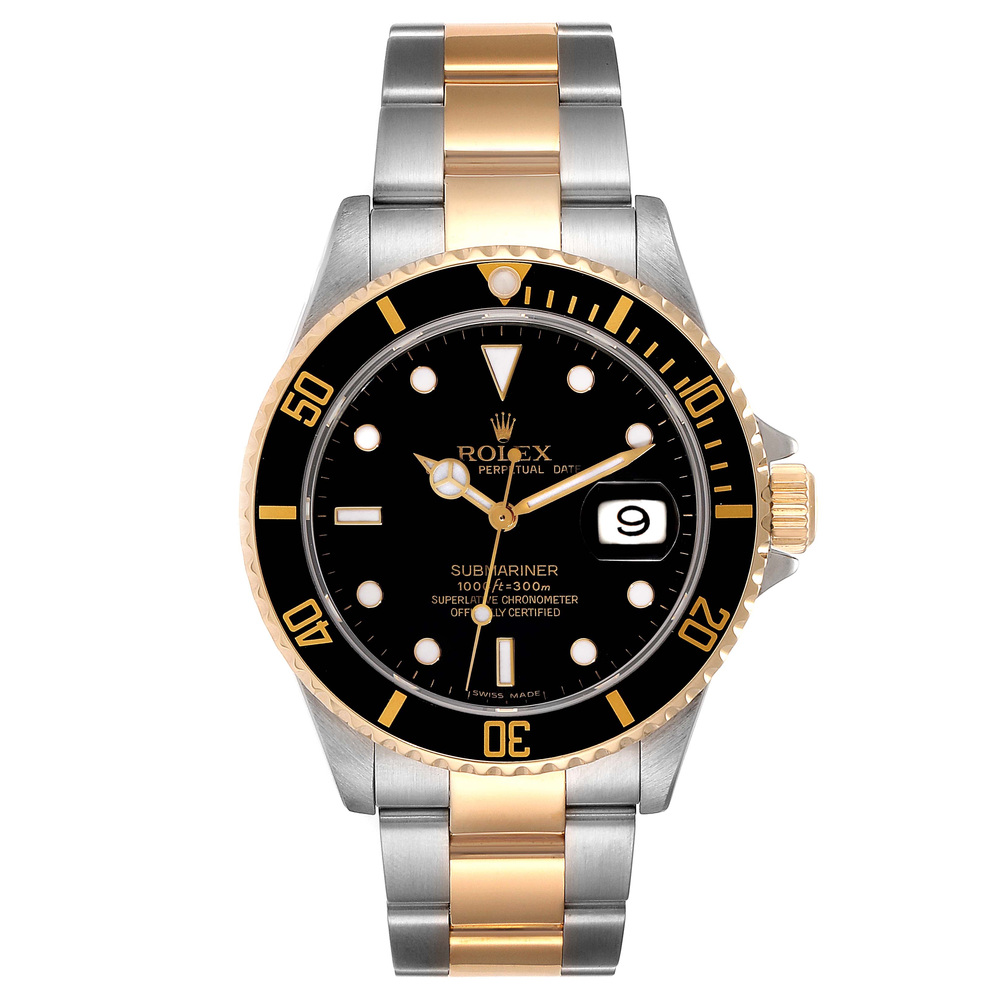 The image shows a front view of a Rolex Submariner 16613 Men's Steel and Gold (two tone) Black Dial 16613 Men's Steel and Gold (two tone) Black Dial watch with a two-tone stainless steel and gold bracelet.