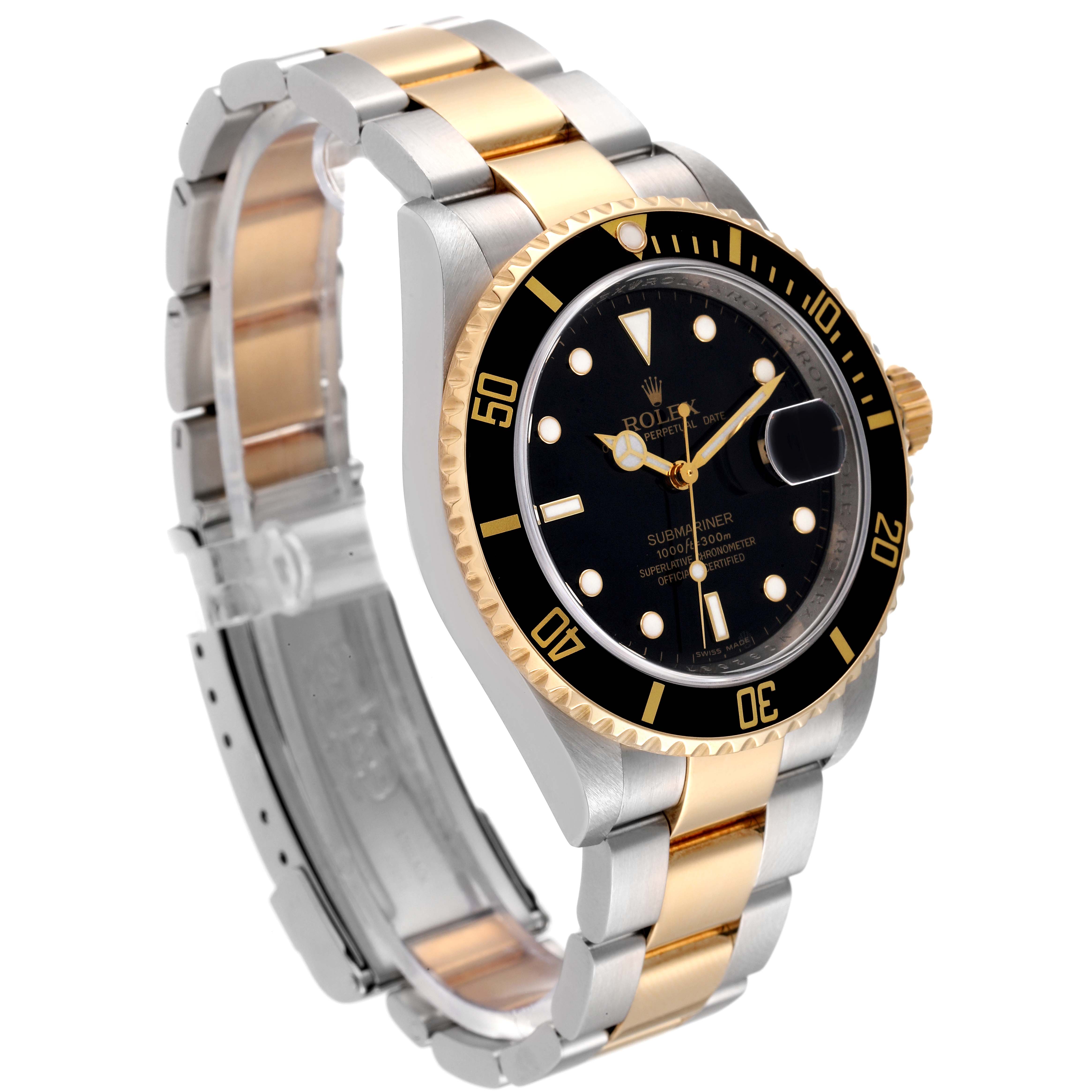 The image shows a side and front angle of a Rolex Submariner 16613 Men's Steel and Gold (two tone) Black Dial 16613 Men's Steel and Gold (two tone) Black Dial, highlighting its bezel, dial, and two-tone bracelet.