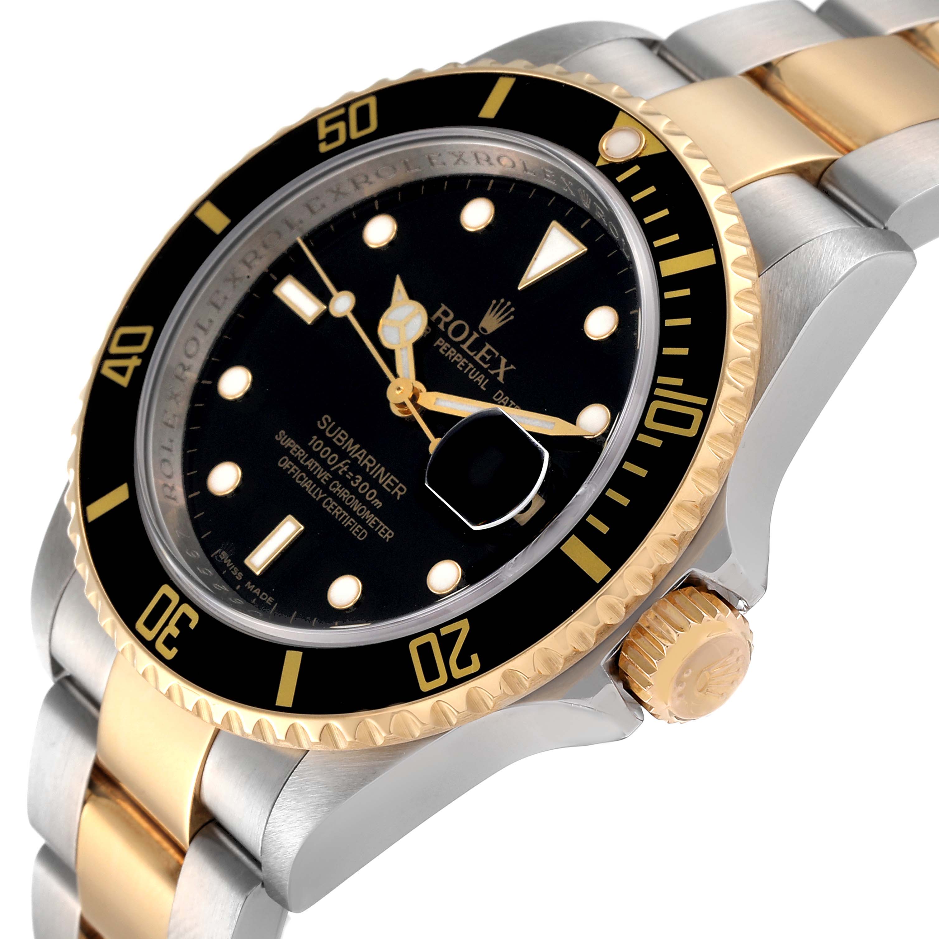 The image shows a close-up angle of a Rolex Submariner 16613 Men's Steel and Gold (two tone) Black Dial 16613 Men's Steel and Gold (two tone) Black Dial watch highlighting the bezel, dial, bracelet, and crown.