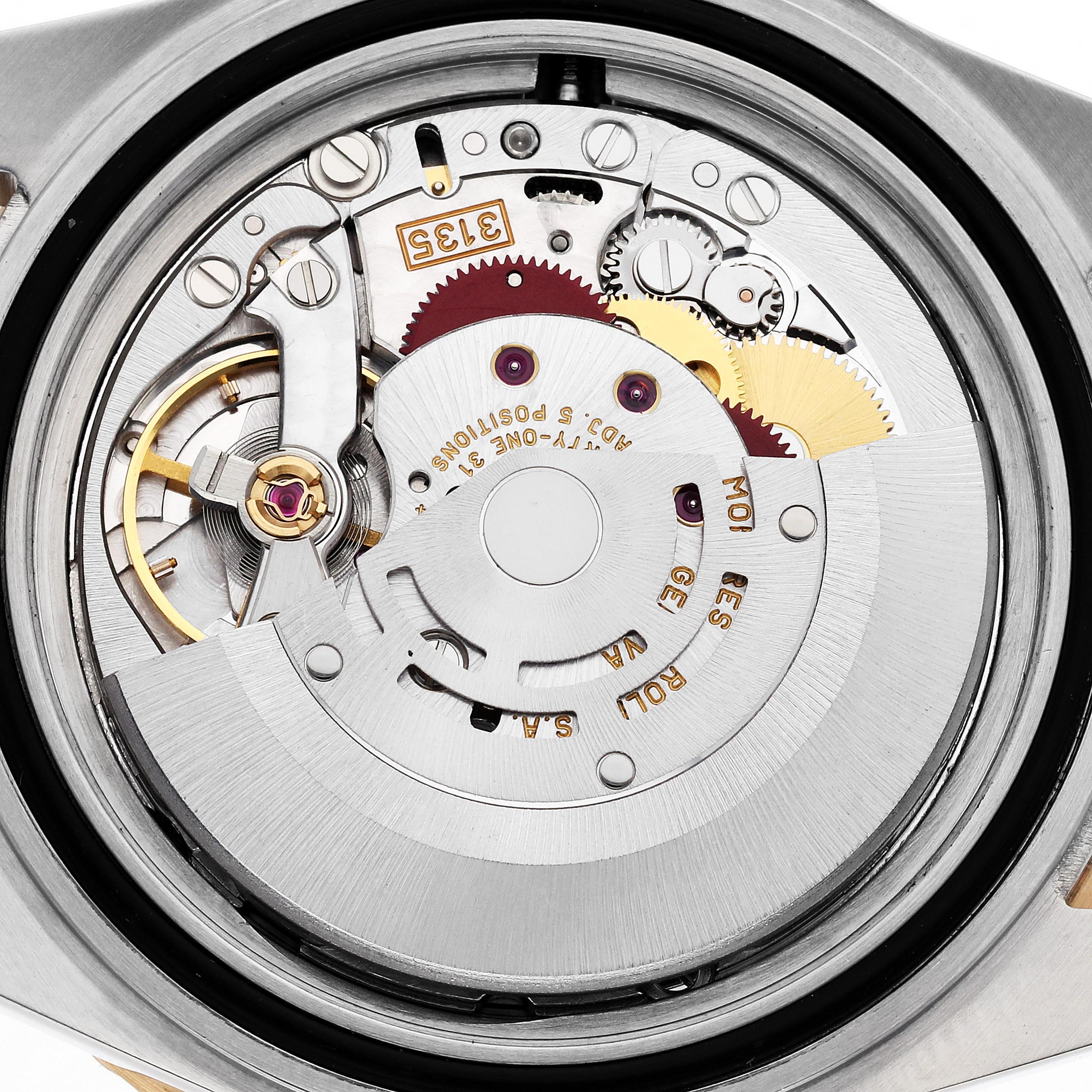 The image shows the movement of a Rolex Submariner 16613 Men
s Steel and Gold (two tone) Champagne Dial 16613 Men
s Steel and Gold (two tone) Champagne Dial watch from a back angle, revealing gears and the rotor mechanism.