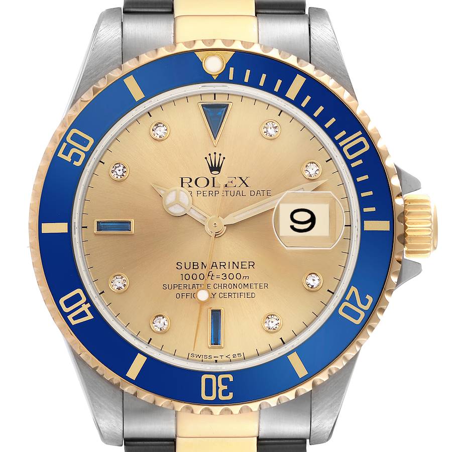 The Rolex Submariner watch is shown from a front angle, displaying its dial, bezel, crown, and part of the bracelet.