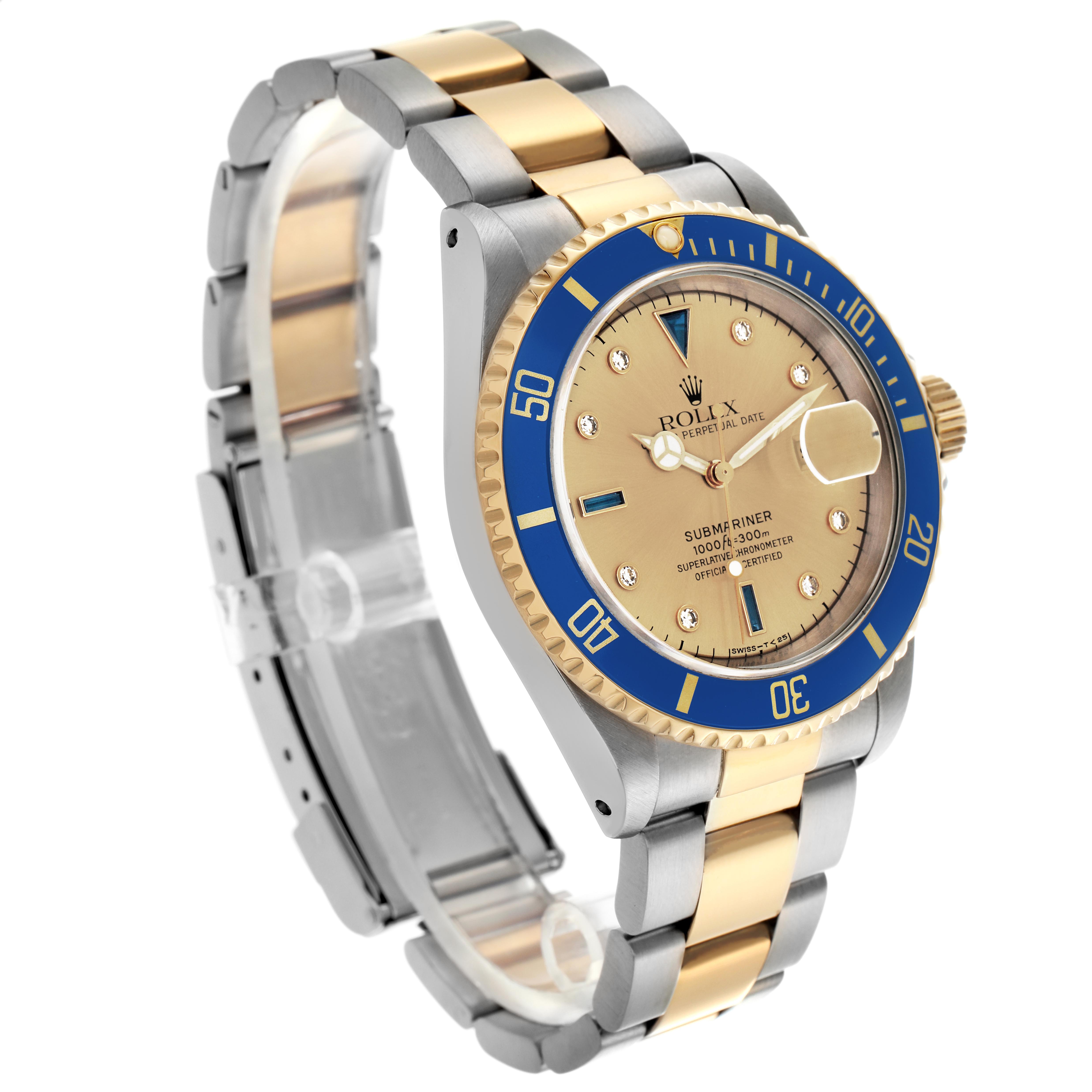 The Rolex Submariner 16613 Men
s Steel and Gold (two tone) Champagne Dial 16613 Men
s Steel and Gold (two tone) Champagne Dial is angled to show the face, bezel, and part of the bracelet at a three-quarter view.