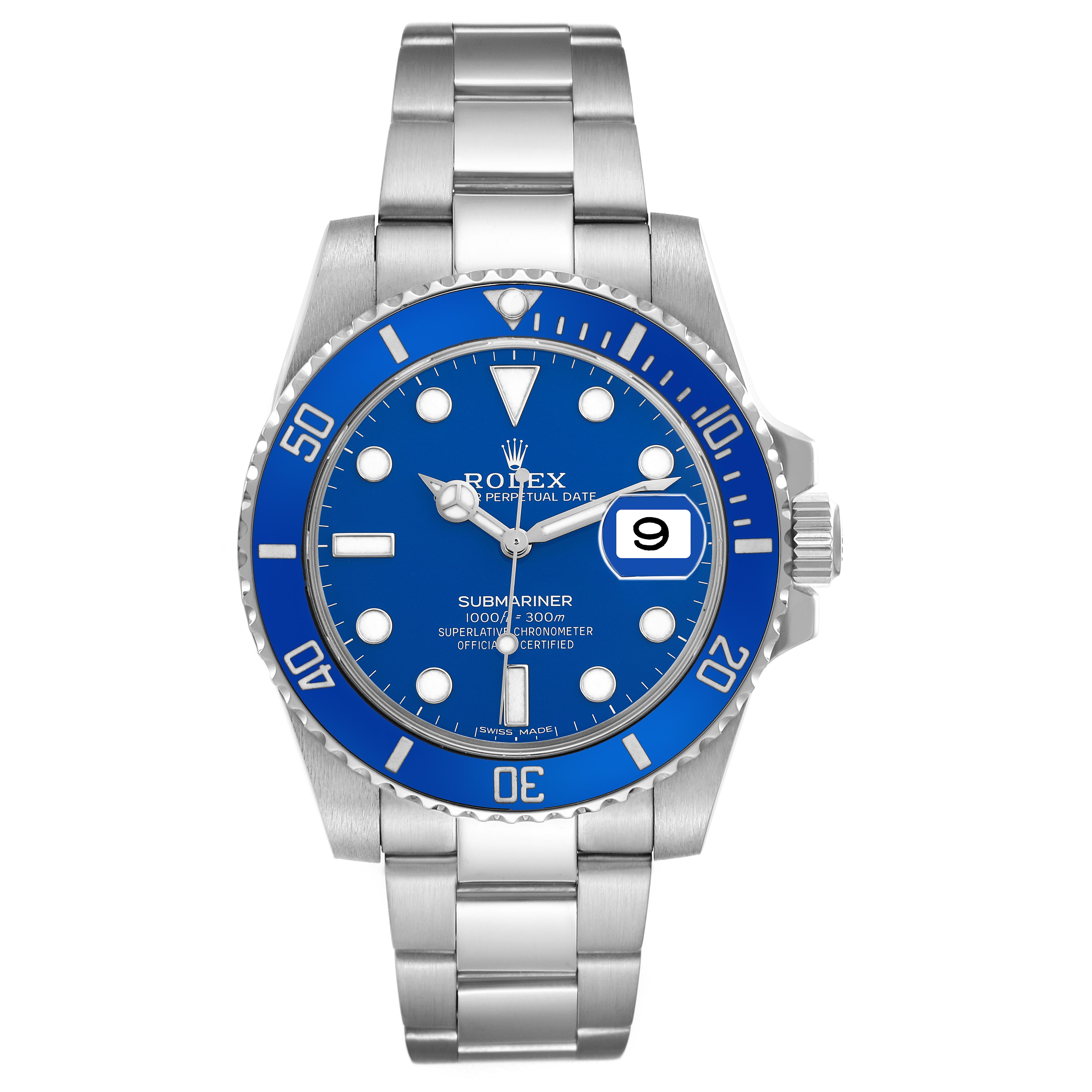 The Rolex Submariner 116619 Men
s White Gold Blue Dial 116619 Men
s White Gold Blue Dial watch is shown from a front angle, displaying the blue dial, bezel, markers, date, and bracelet.
