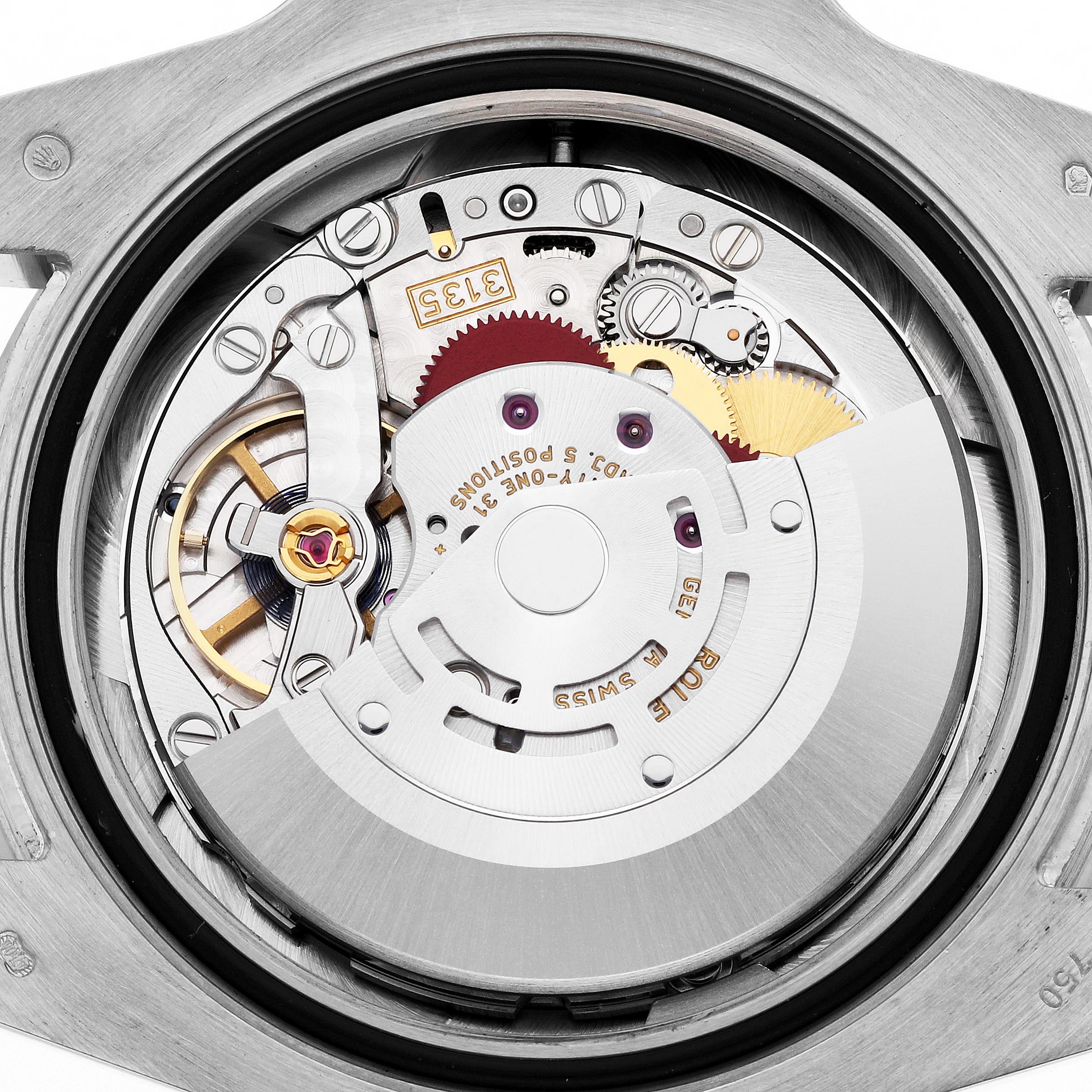 The image shows the internal movement of a Rolex Submariner 116619 Men
s White Gold Blue Dial 116619 Men
s White Gold Blue Dial watch from a top-down angle, highlighting gears and components.