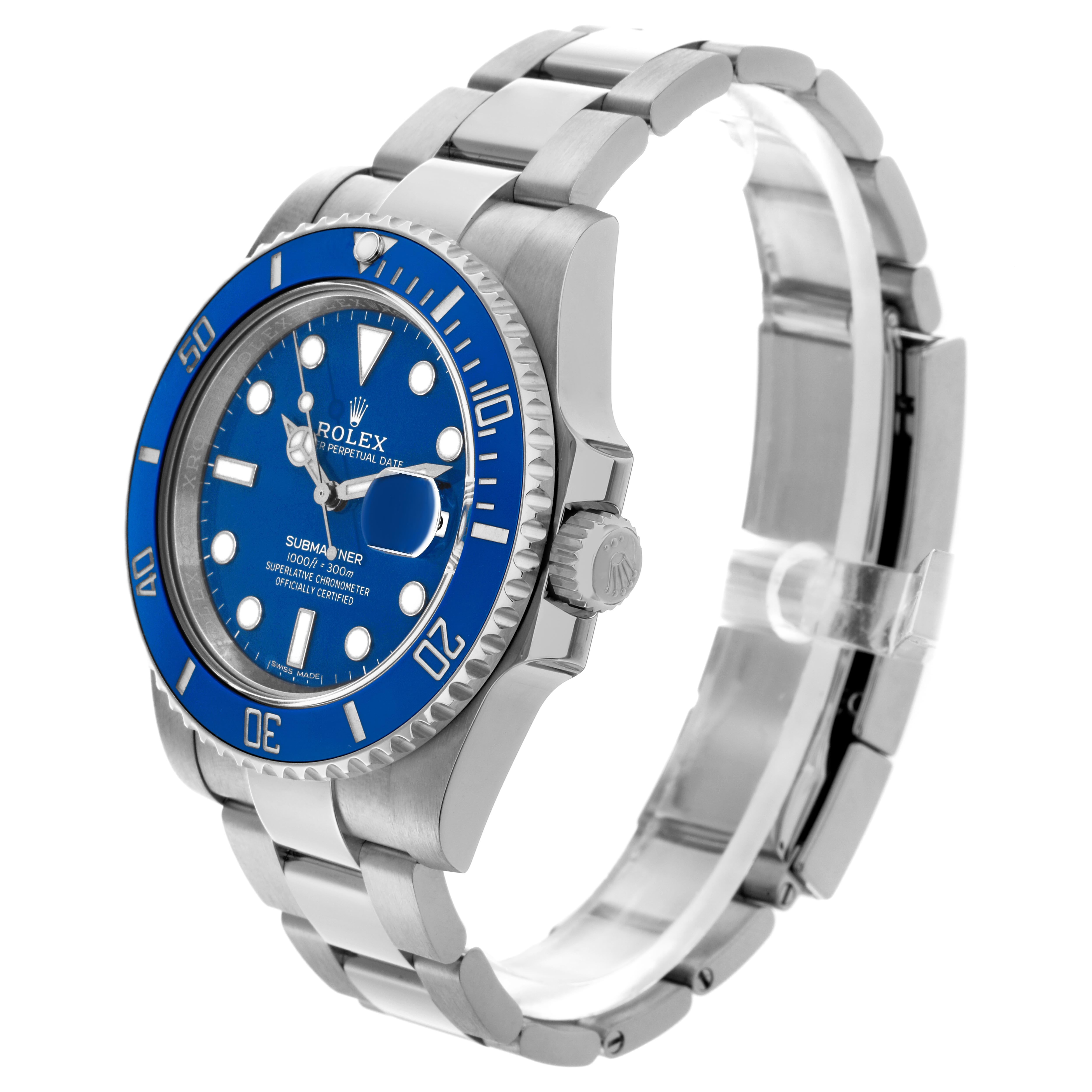 This image shows a Rolex Submariner 116619 Men
s White Gold Blue Dial 116619 Men
s White Gold Blue Dial watch angled from the front-left, highlighting the blue dial, bezel, and stainless steel bracelet.