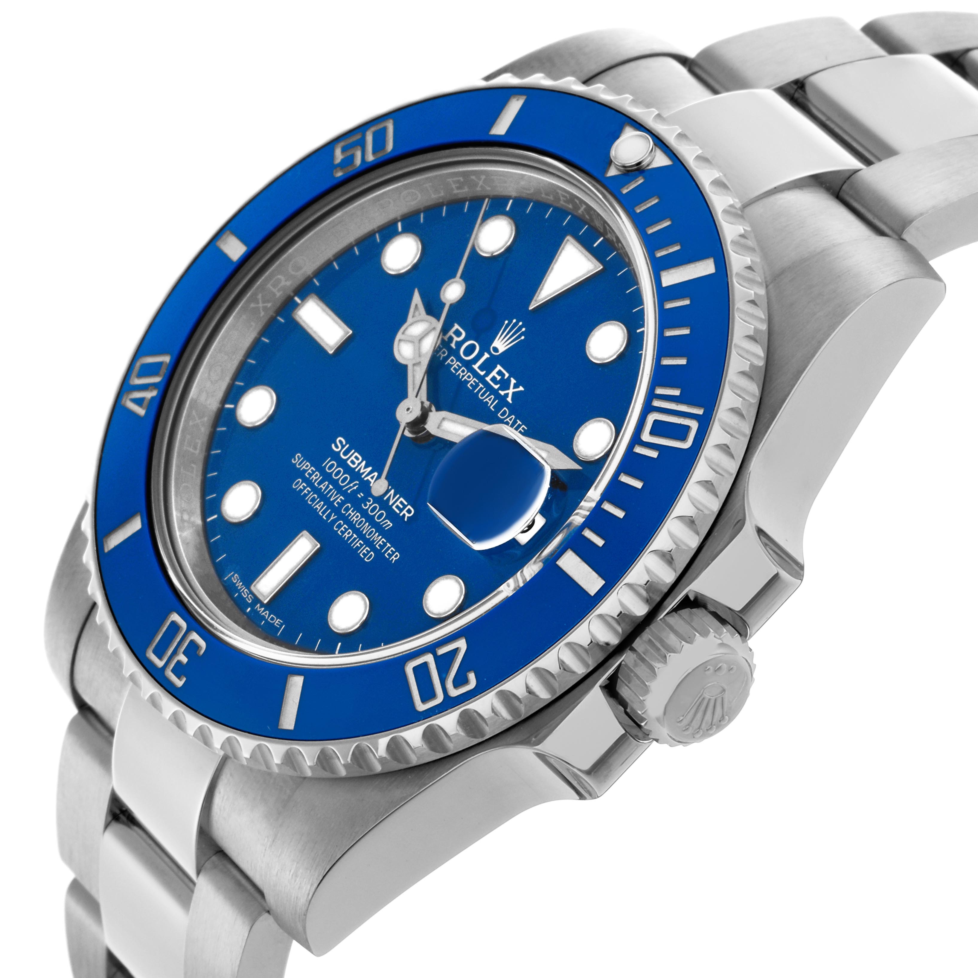 The Rolex Submariner 116619 Men
s White Gold Blue Dial 116619 Men
s White Gold Blue Dial is shown at an angle highlighting the blue bezel, dial, crown, and stainless steel bracelet.