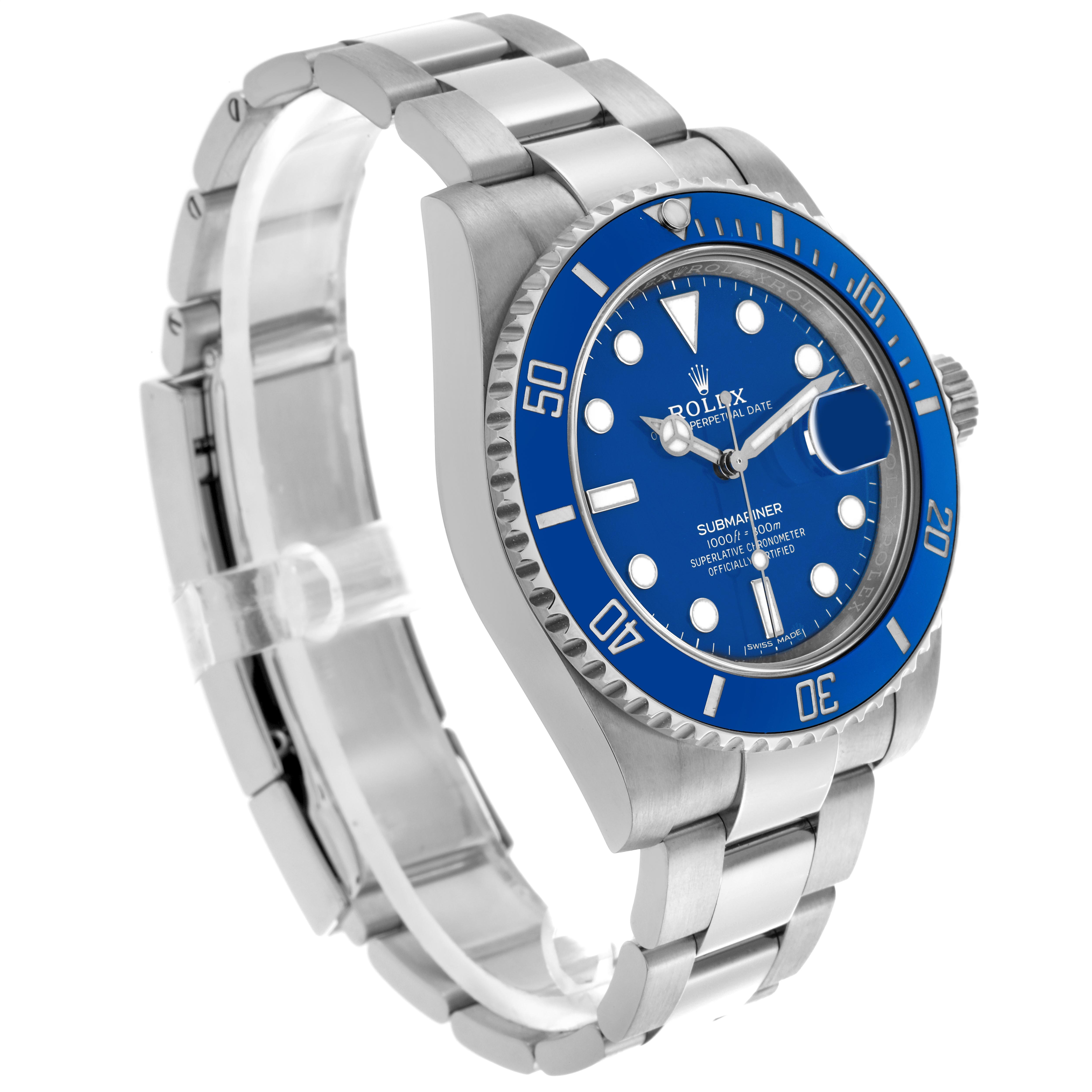 The Rolex Submariner 116619 Men
s White Gold Blue Dial 116619 Men
s White Gold Blue Dial is shown at an angle displaying the face, bezel, crown, and part of the bracelet.