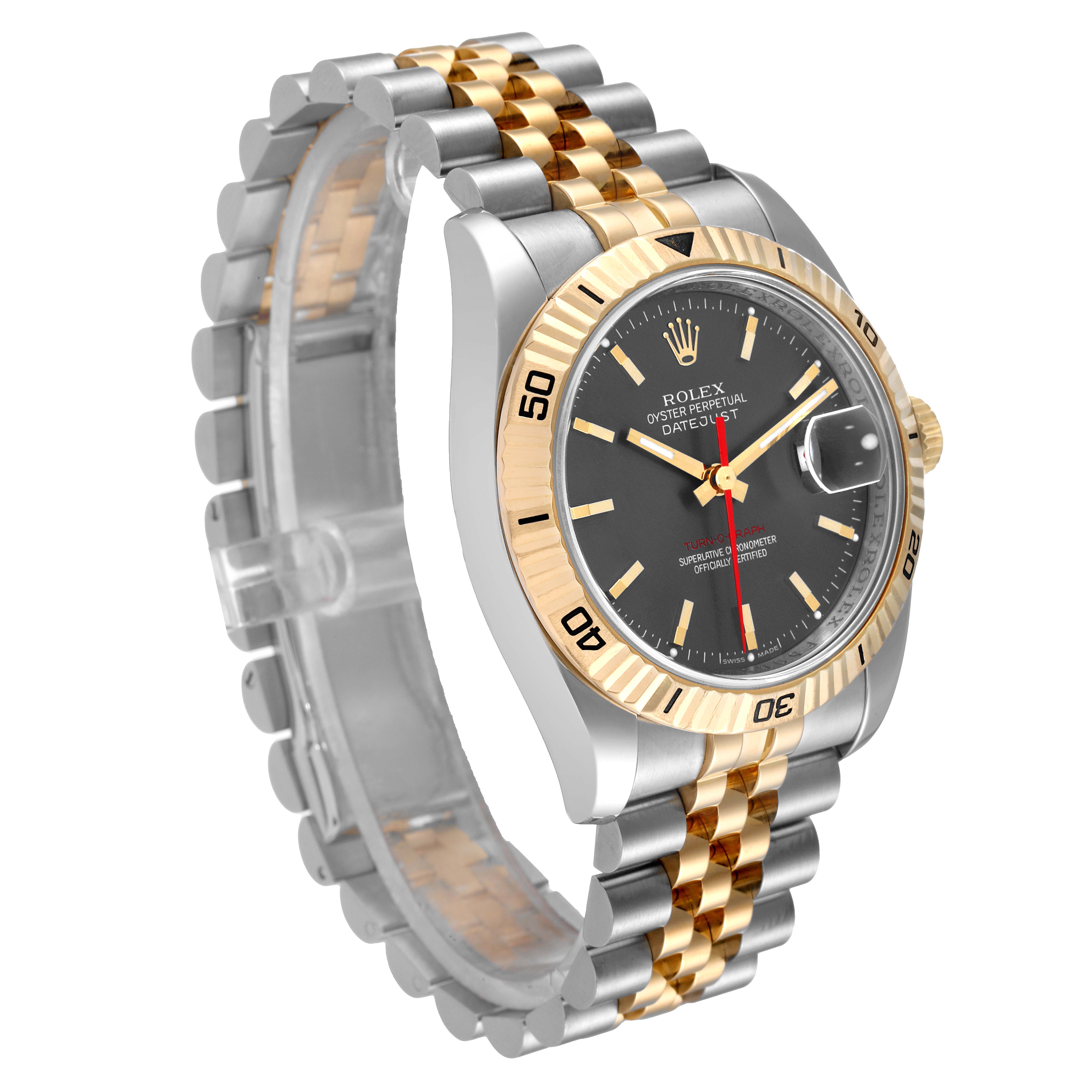 The image showcases a Rolex Turn-o-Graph 116263 Men
s Steel and Gold (two tone) Grey Dial 116263 Men
s Steel and Gold (two tone) Grey Dial watch angled to display its face, bezel, and two-tone bracelet.