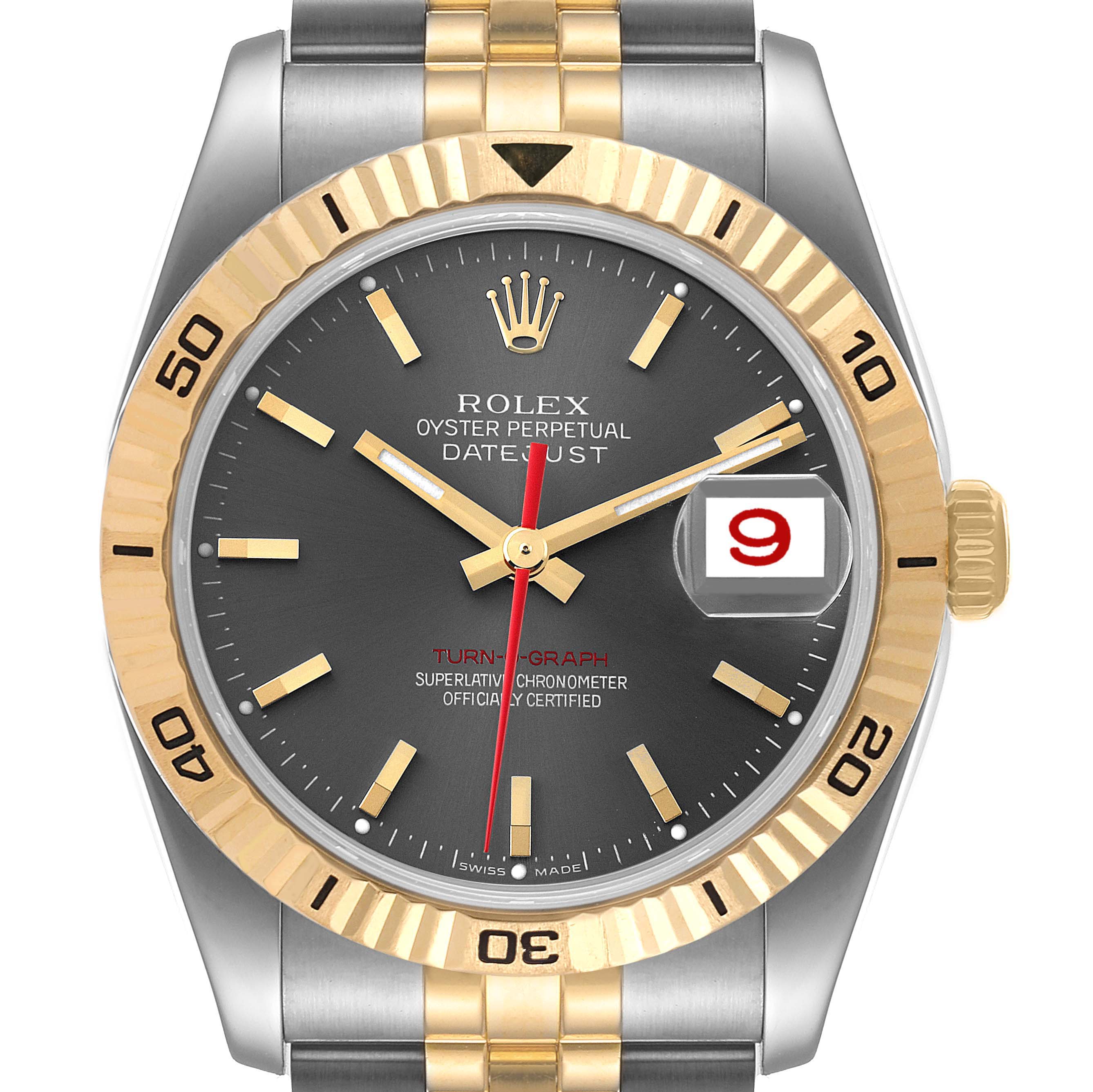 The image shows a front view of the Rolex Turn-o-Graph 116263 Men
s Steel and Gold (two tone) Grey Dial 116263 Men
s Steel and Gold (two tone) Grey Dial watch, highlighting its bezel, dial, hands, and bracelet.