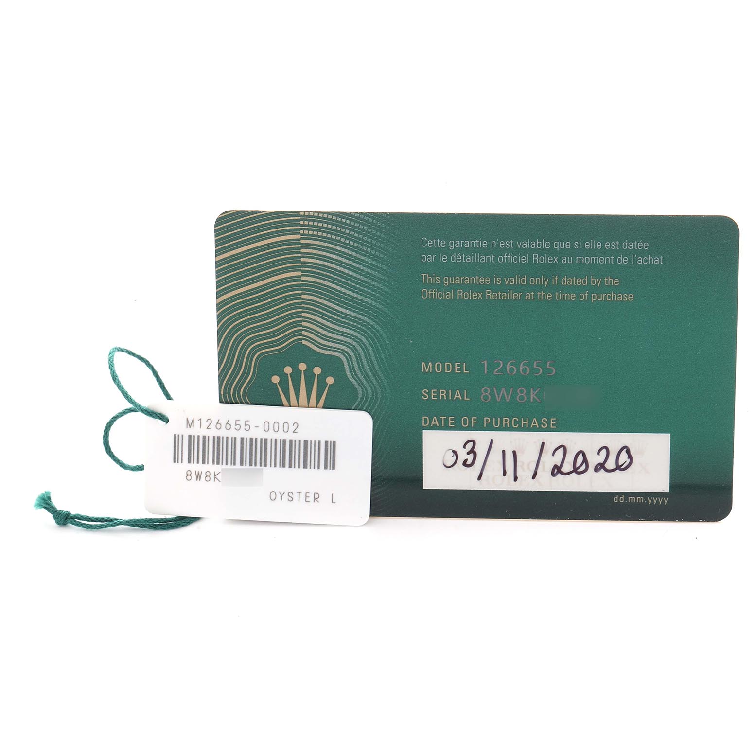 The image shows a warranty card and tag for the Rolex Yacht-Master 126655 Men
s Rose Gold Black Dial 126655 Men
s Rose Gold Black Dial model, with model and serial details visible.