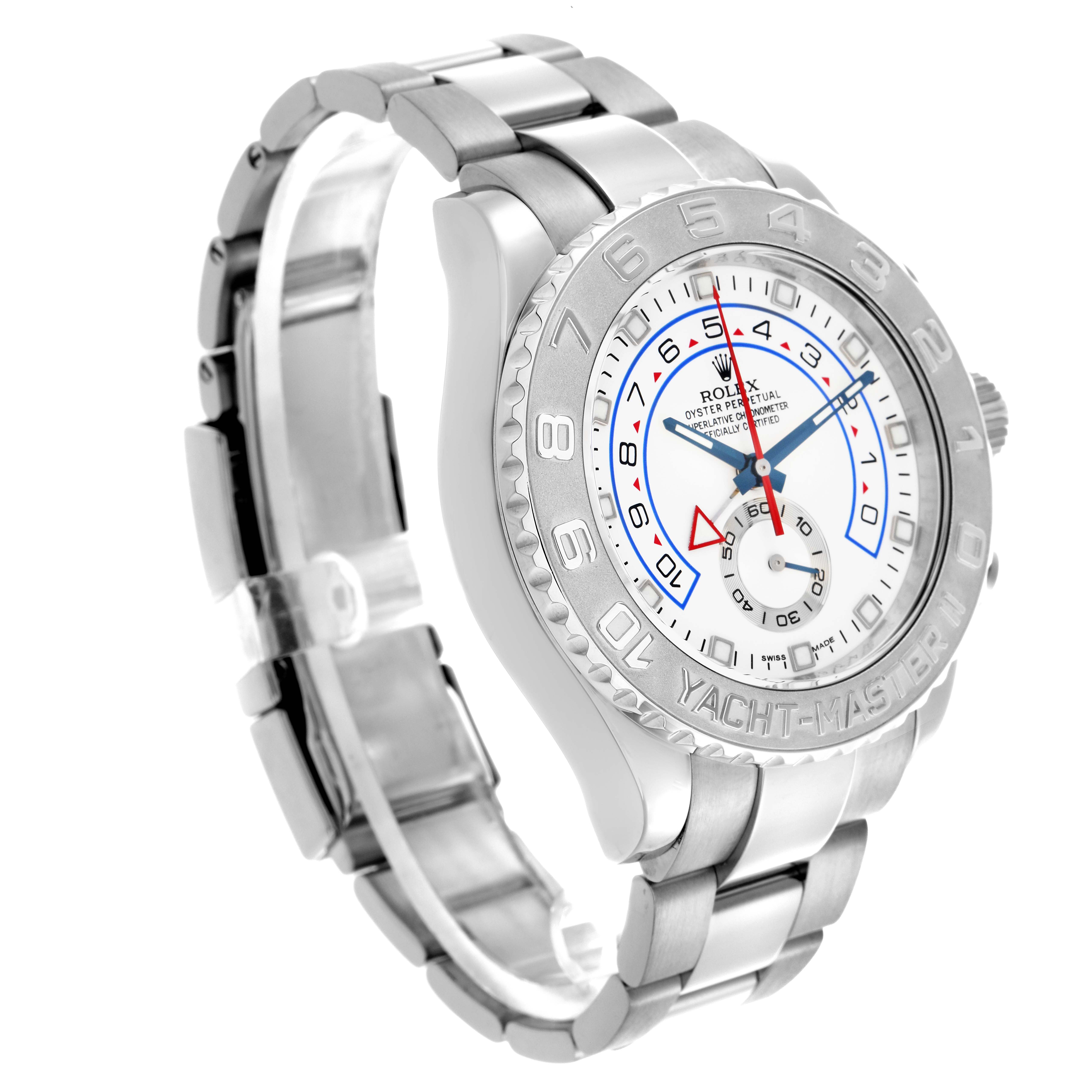 The image shows a Rolex Yacht-Master 116689 Men
s White Gold White Dial 116689 Men
s White Gold White Dial watch at a three-quarter angle, revealing the bezel, dial, and stainless steel bracelet.