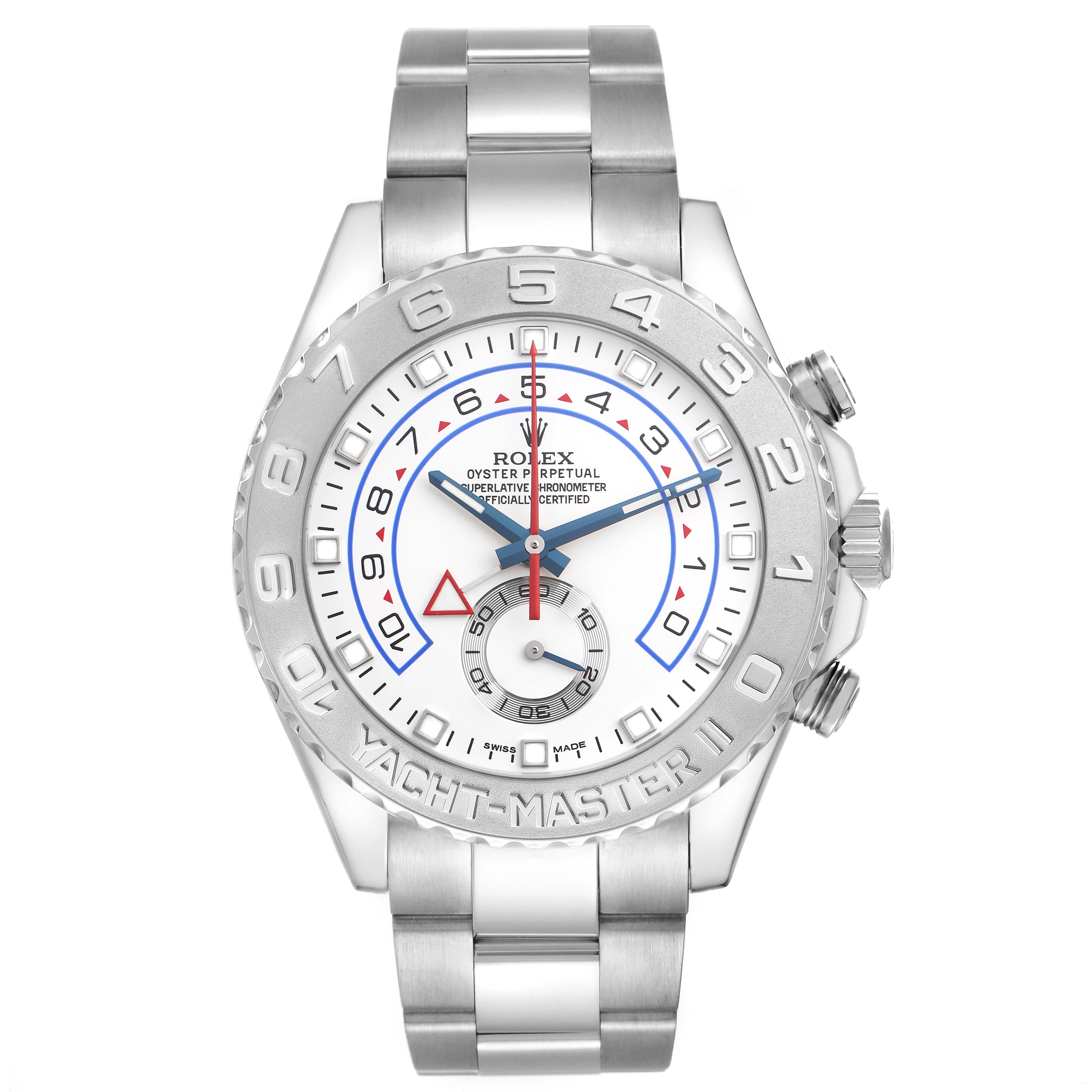The Rolex Yacht-Master 116689 Men
s White Gold White Dial 116689 Men
s White Gold White Dial watch is shown from a top view, highlighting the dial, bezel, and bracelet.