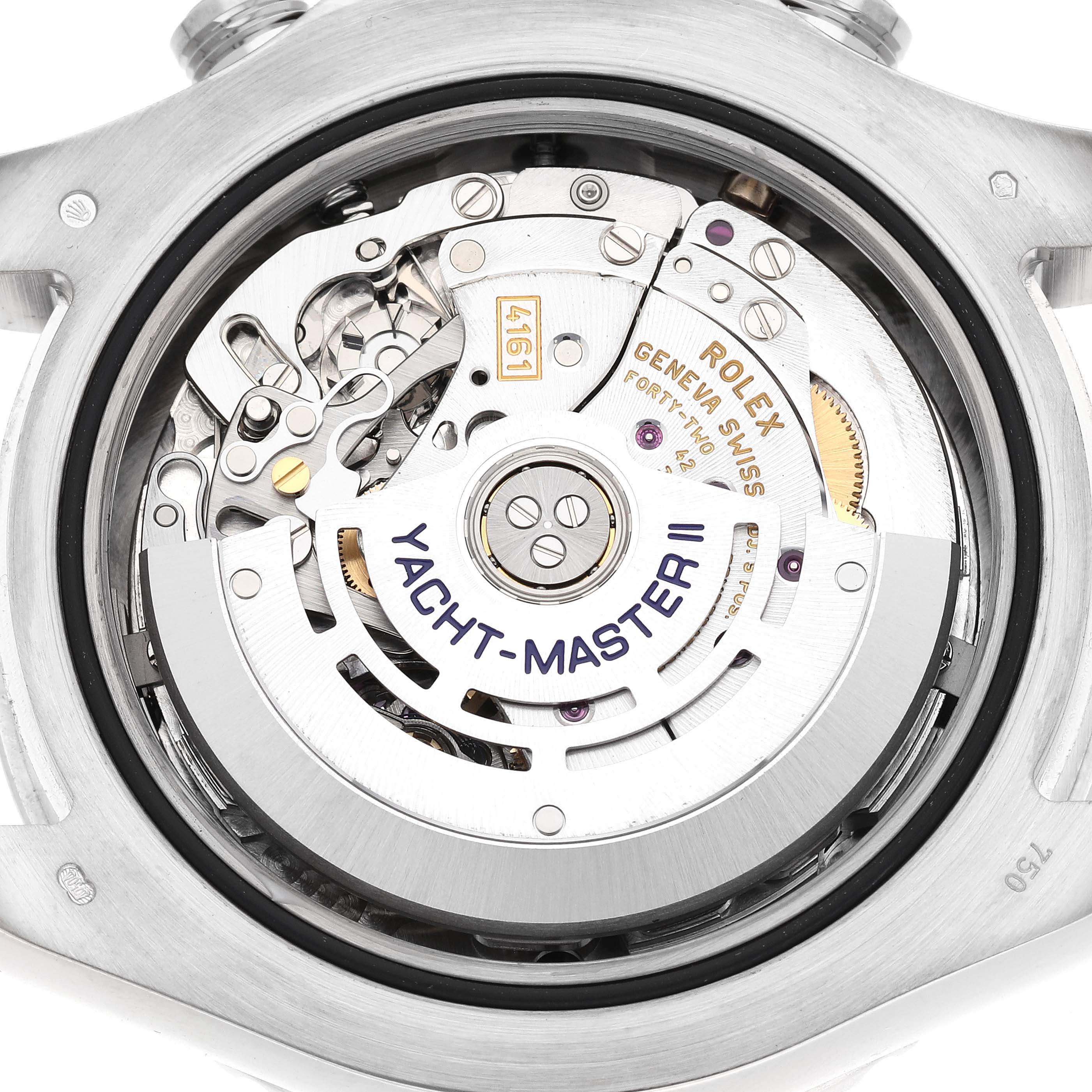 The image shows the back view of a Rolex Yacht-Master 116689 Men
s White Gold White Dial 116689 Men
s White Gold White Dial II, highlighting the watch
s movement mechanism and rotor.