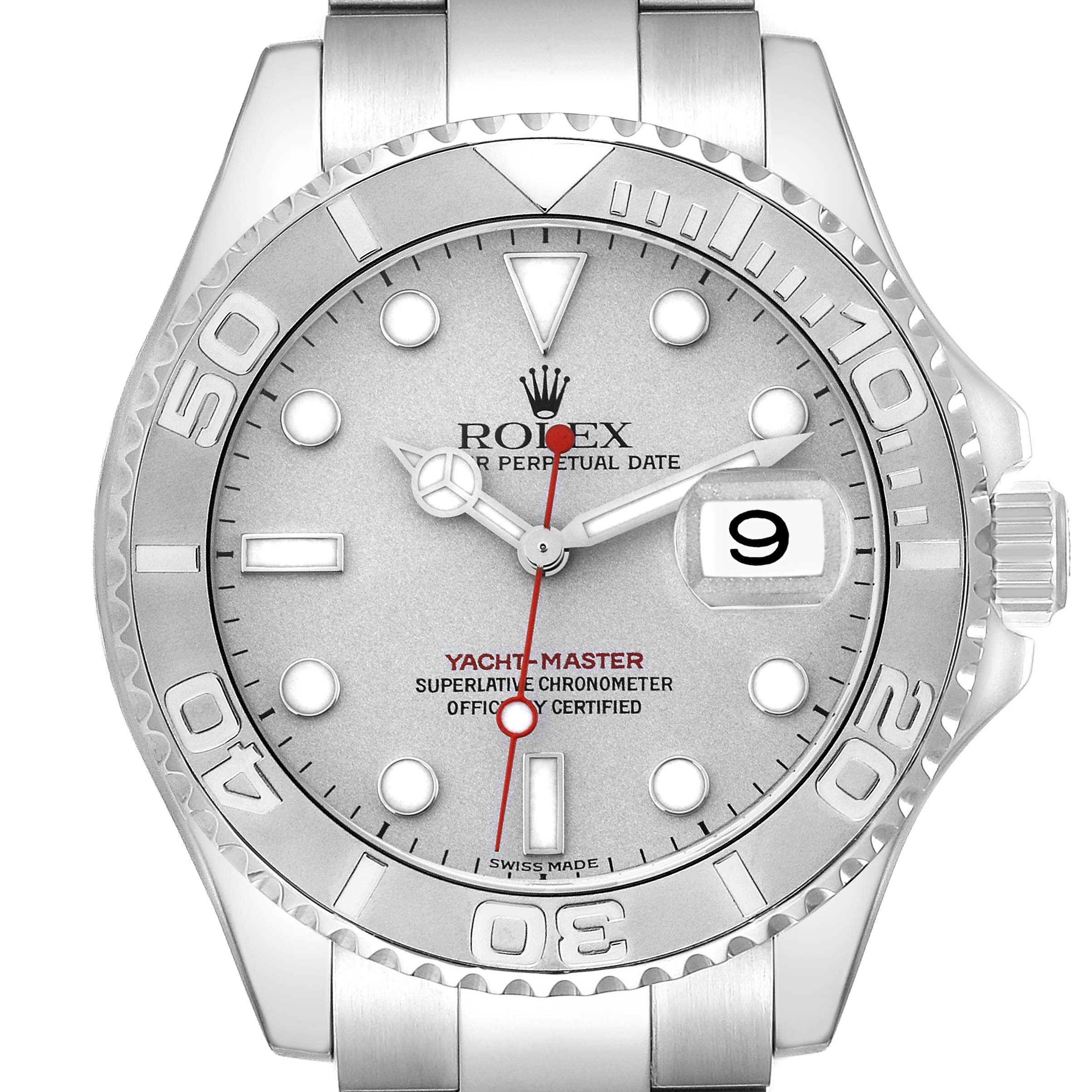The Rolex Yacht-Master 16622 Men
s Stainless Steel Silver Dial 16622 Men
s Stainless Steel Silver Dial watch is shown from the front, highlighting the dial, bezel, and part of the bracelet.