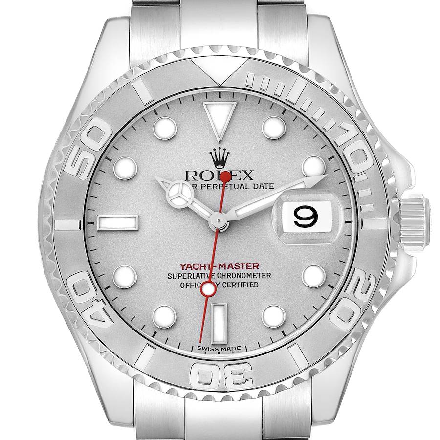 The Rolex Yacht-Master watch is shown from the front, highlighting the dial, bezel, and part of the bracelet.