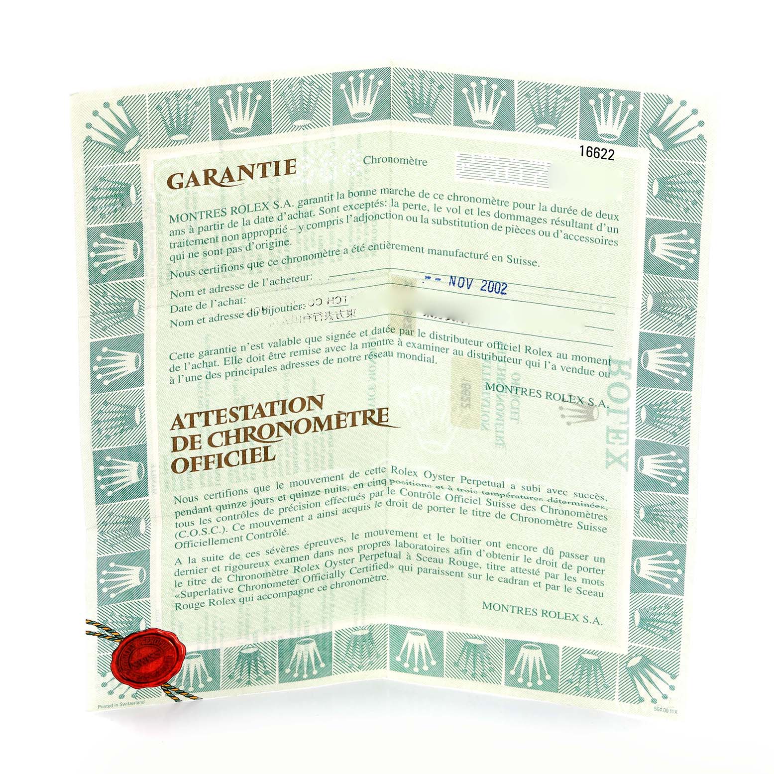 The image shows a warranty certificate for the Rolex Yacht-Master 16622 Men
s Stainless Steel Silver Dial 16622 Men
s Stainless Steel Silver Dial model, featuring text and a red seal.