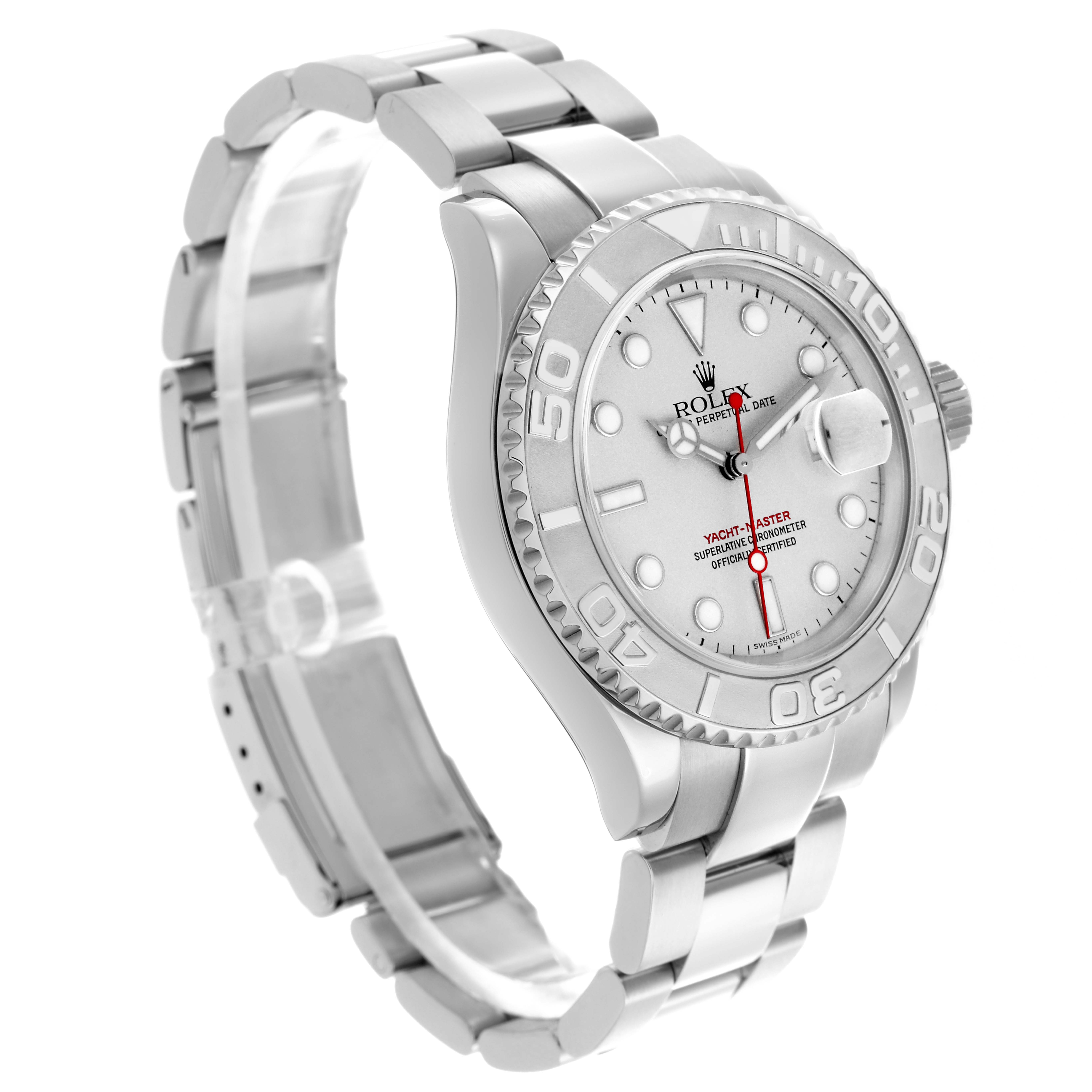 The Rolex Yacht-Master 16622 Men
s Stainless Steel Silver Dial 16622 Men
s Stainless Steel Silver Dial watch is angled showcasing the face, bezel, and part of the band.