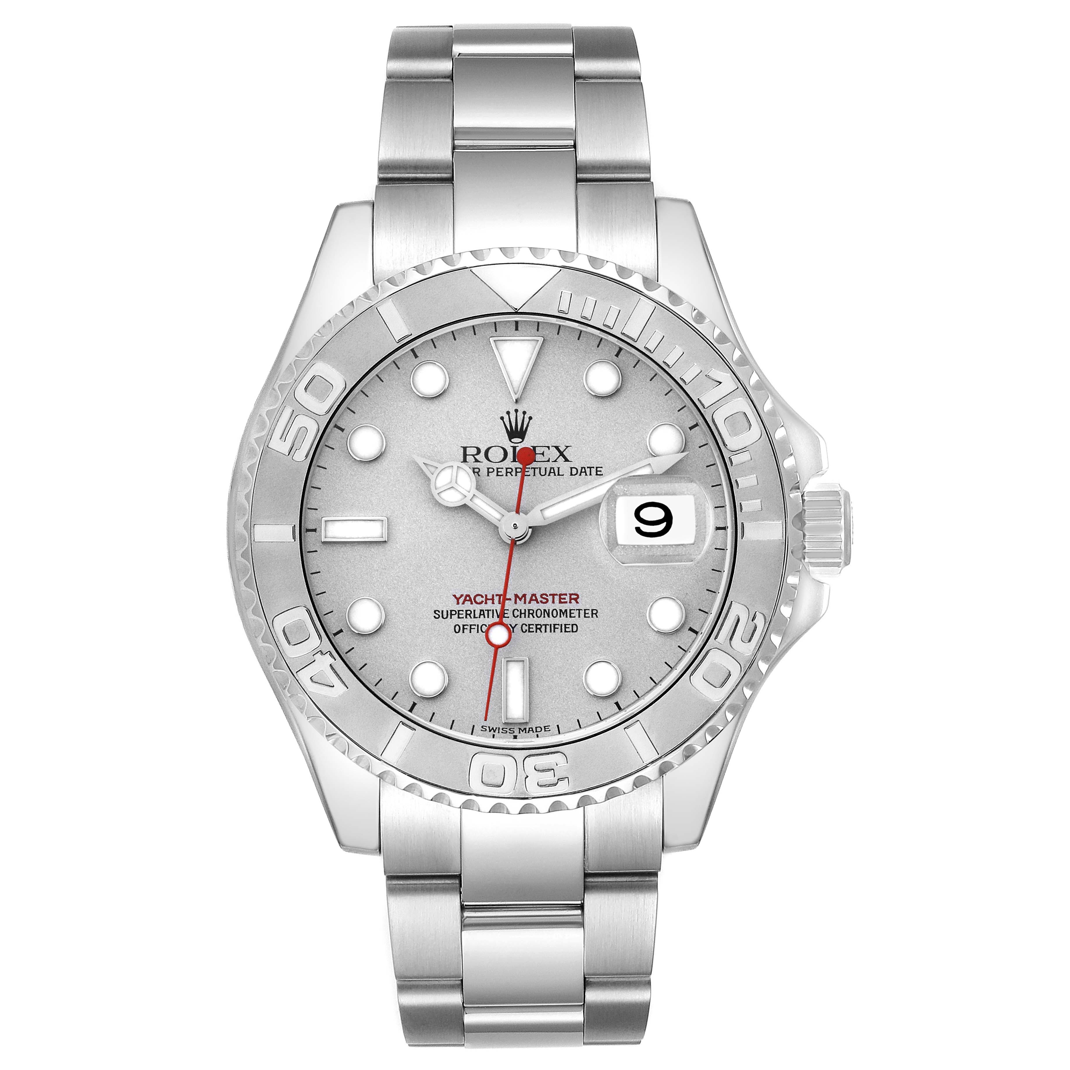 The Rolex Yacht-Master 16622 Men
s Stainless Steel Silver Dial 16622 Men
s Stainless Steel Silver Dial is shown from a front angle, highlighting the dial, bezel, bracelet, and date feature.