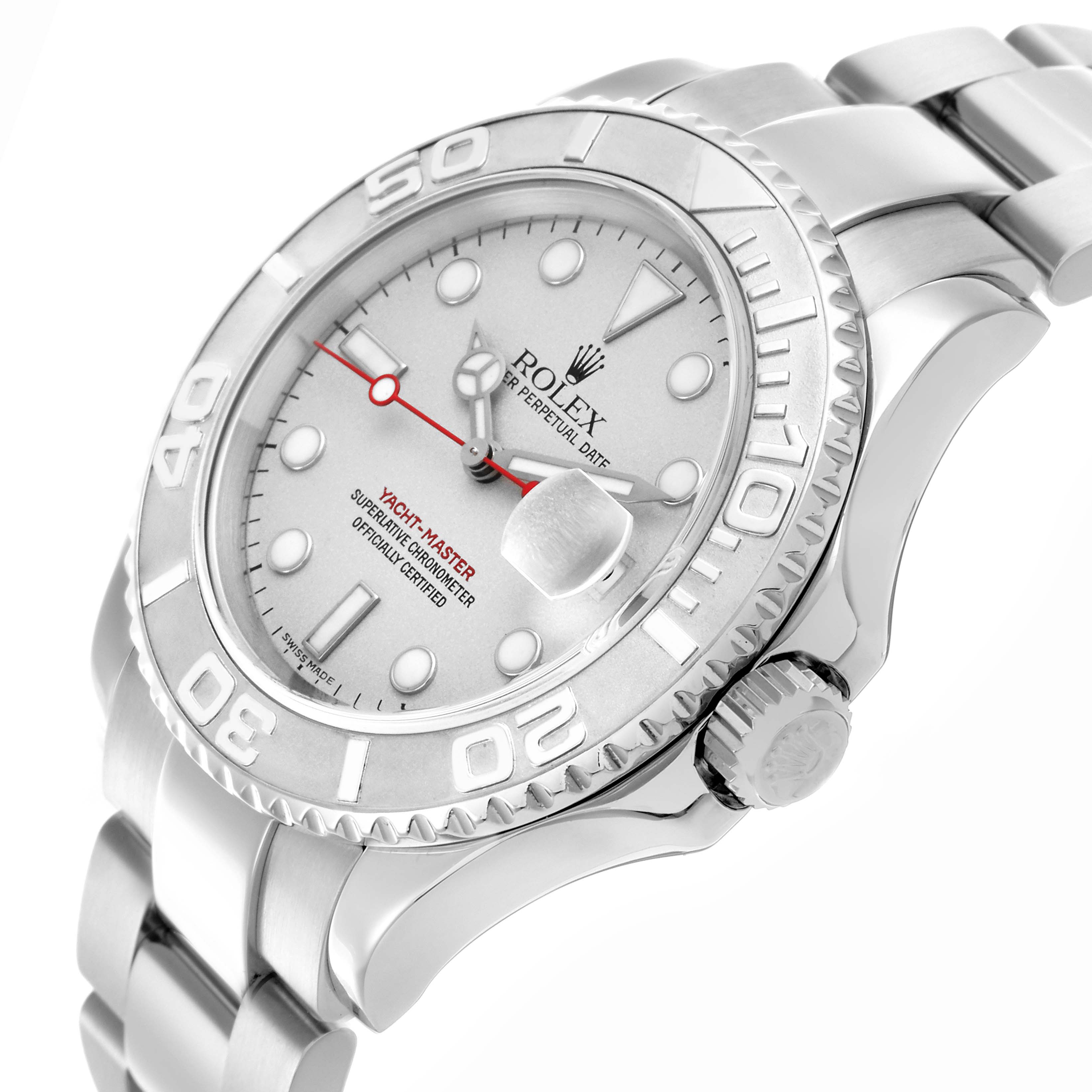 The image shows a Rolex Yacht-Master 16622 Men
s Stainless Steel Silver Dial 16622 Men
s Stainless Steel Silver Dial watch at a three-quarter angle, highlighting the face, bezel, and bracelet.