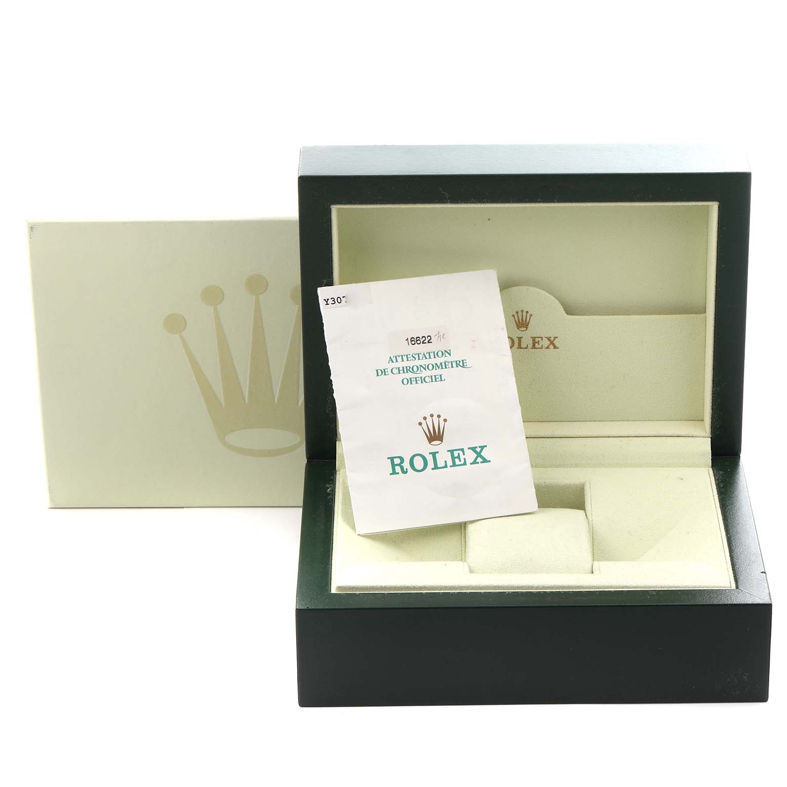 The image shows a Rolex Yacht-Master 16622 Men
s Stainless Steel Silver Dial 16622 Men
s Stainless Steel Silver Dial watch box open, with official documentation inside.