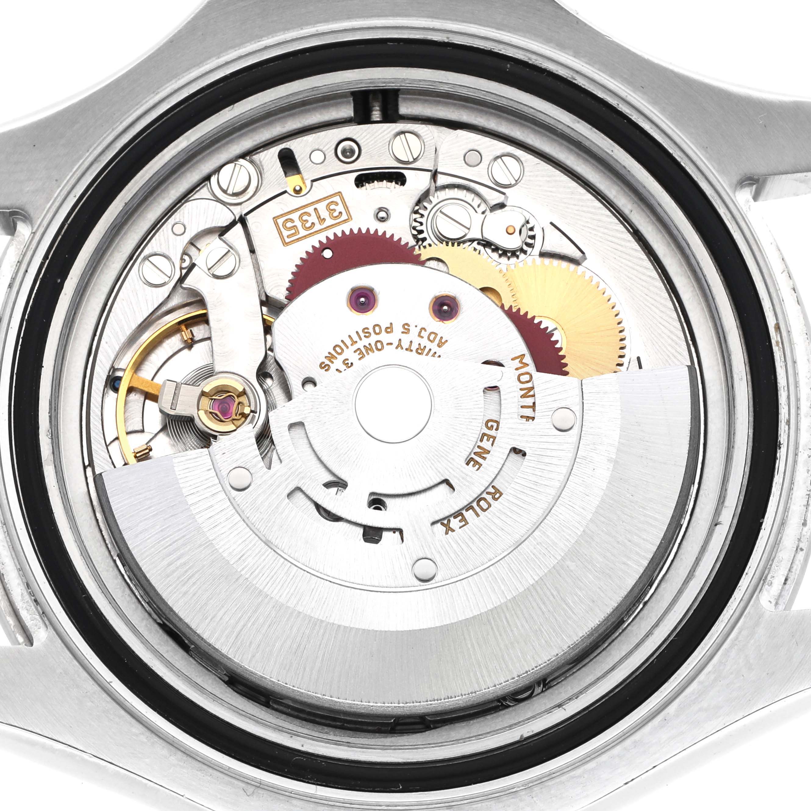 The image shows the internal movement of a Rolex Yacht-Master 16622 Men
s Stainless Steel Silver Dial 16622 Men
s Stainless Steel Silver Dial watch, focusing on the rotor and gears.