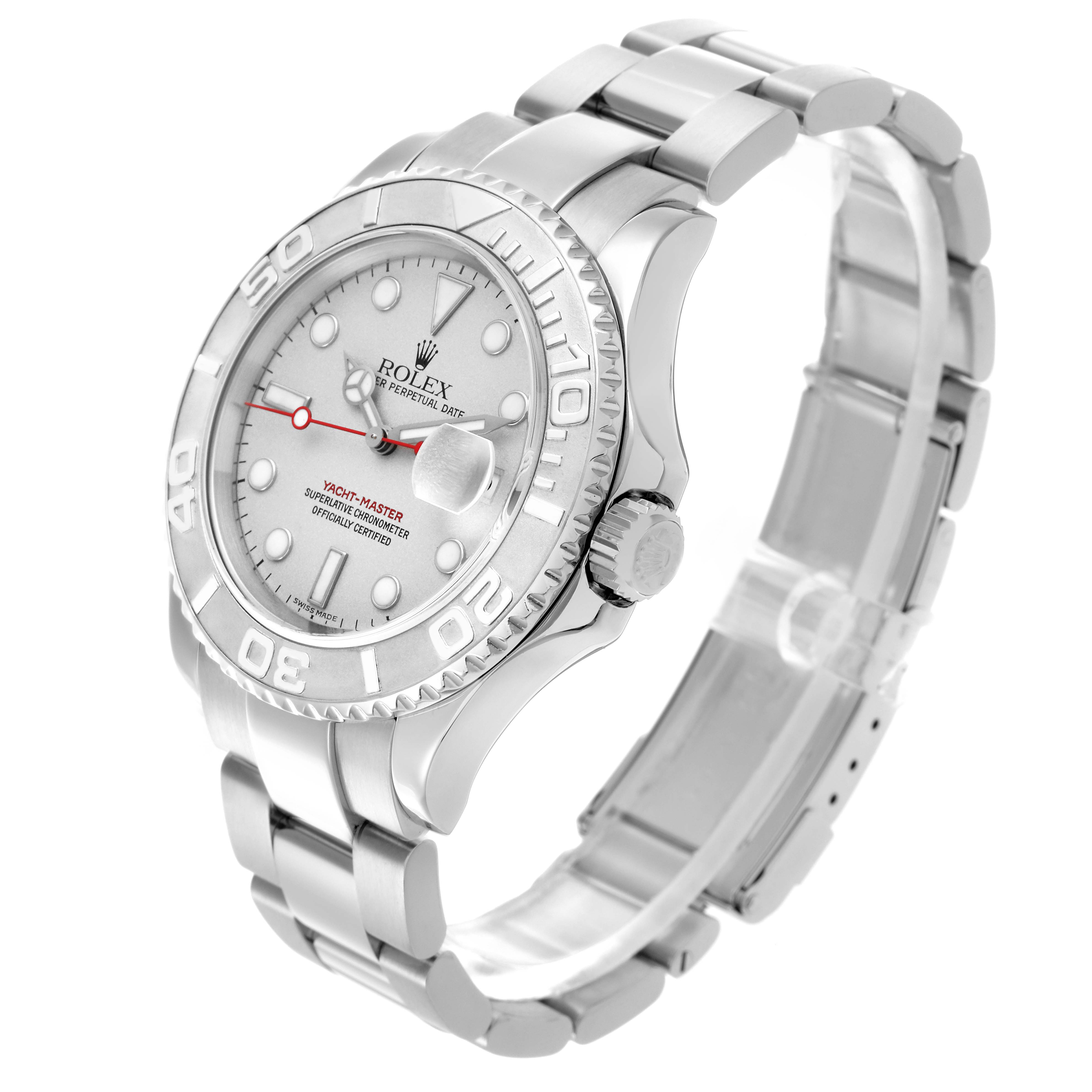 The Rolex Yacht-Master 16622 Men
s Stainless Steel Silver Dial 16622 Men
s Stainless Steel Silver Dial is shown at a three-quarter angle, highlighting the bezel, dial, and bracelet.