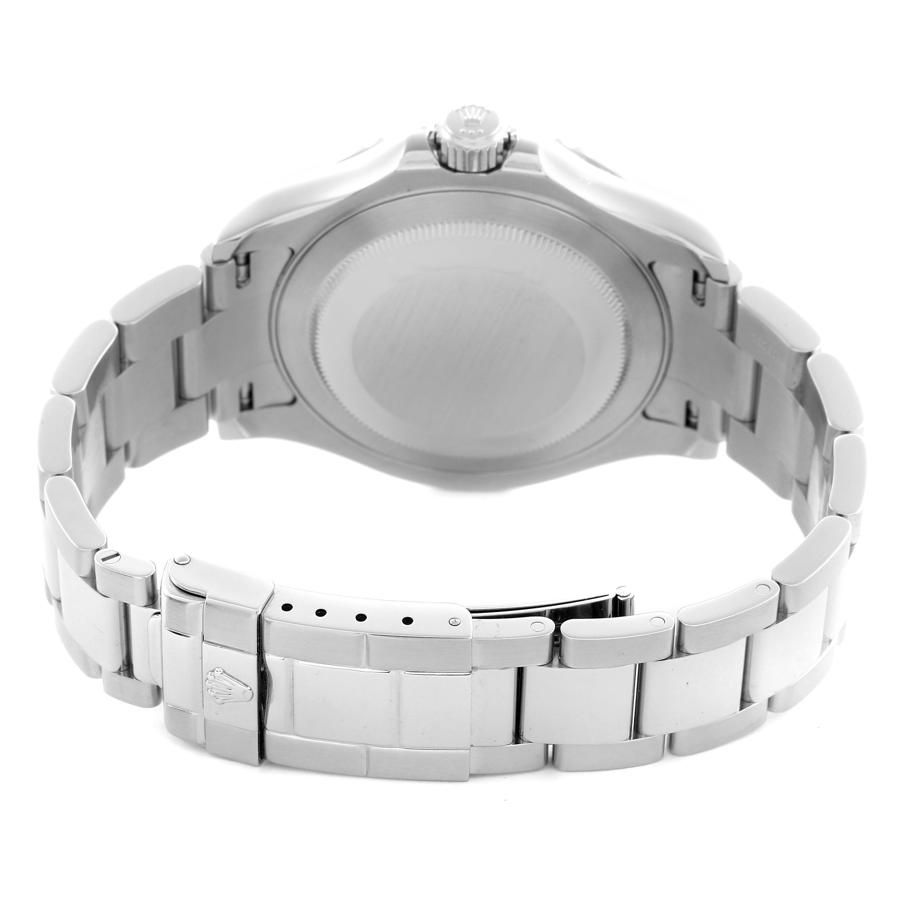 The Rolex Yacht-Master 16622 Men
s Stainless Steel Silver Dial 16622 Men
s Stainless Steel Silver Dial watch is shown from the back, highlighting the bracelet and clasp, with the case back and crown visible.