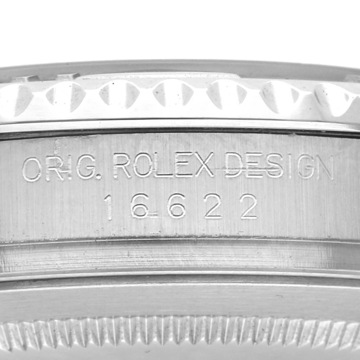 The image shows a close-up side view of the Rolex Yacht-Master 16622 Men
s Stainless Steel Silver Dial 16622 Men
s Stainless Steel Silver Dial watch case with engravings of the model number 16622.