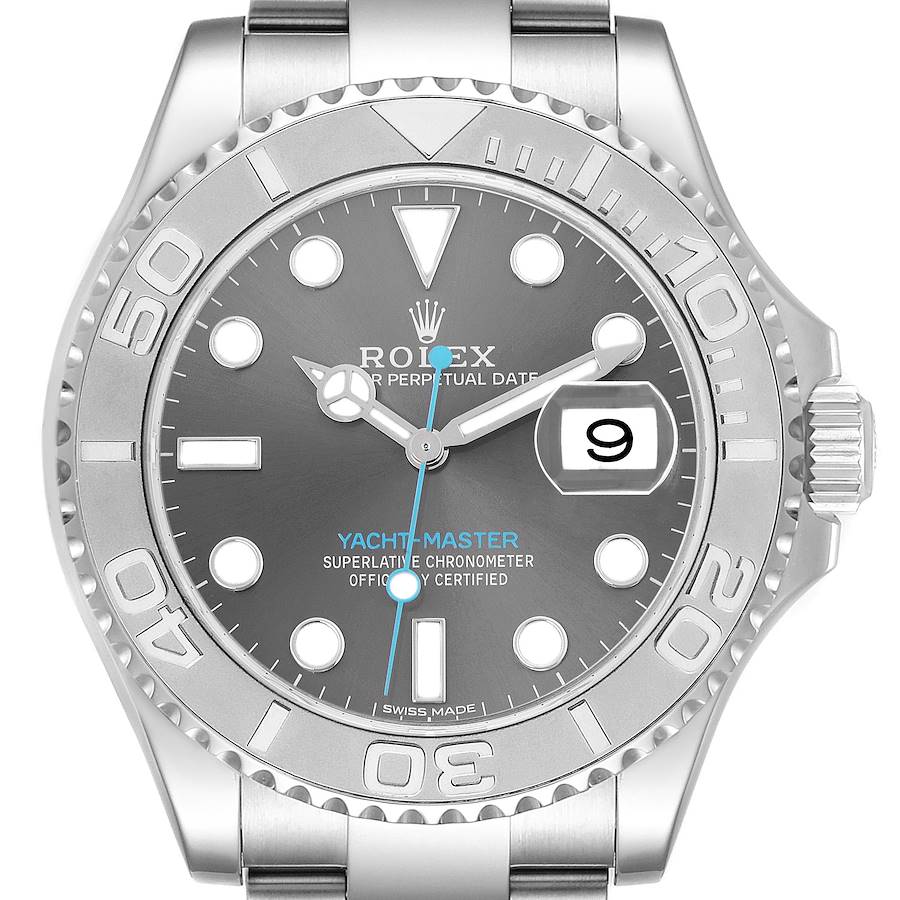 The Rolex Yacht-Master watch is shown from a front angle, highlighting the dial, bezel, and part of the bracelet.
