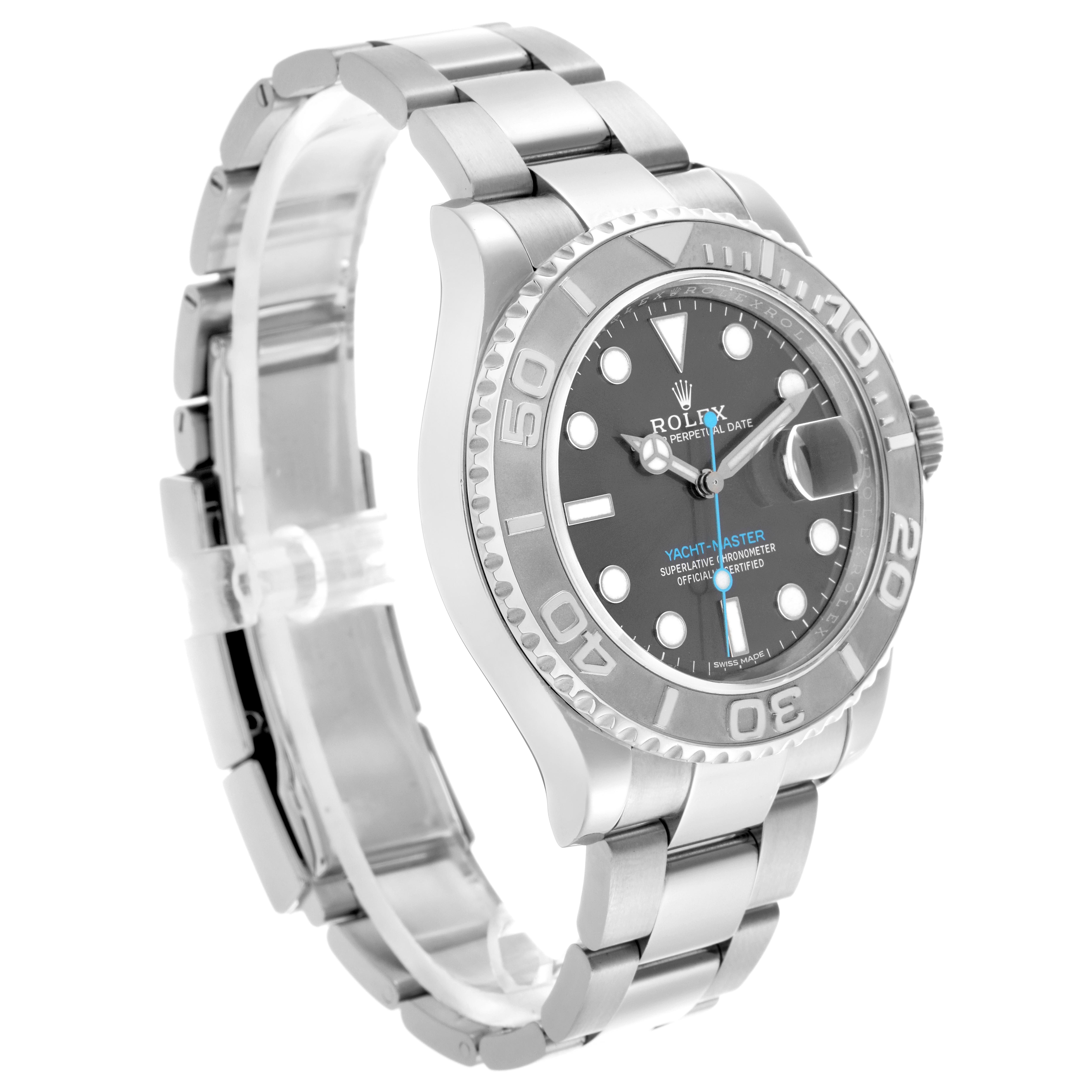 The Rolex Yacht-Master 116622 Men
s Stainless Steel Grey Dial 116622 Men
s Stainless Steel Grey Dial watch is shown at a three-quarter angle, highlighting the bezel, dial, and bracelet.