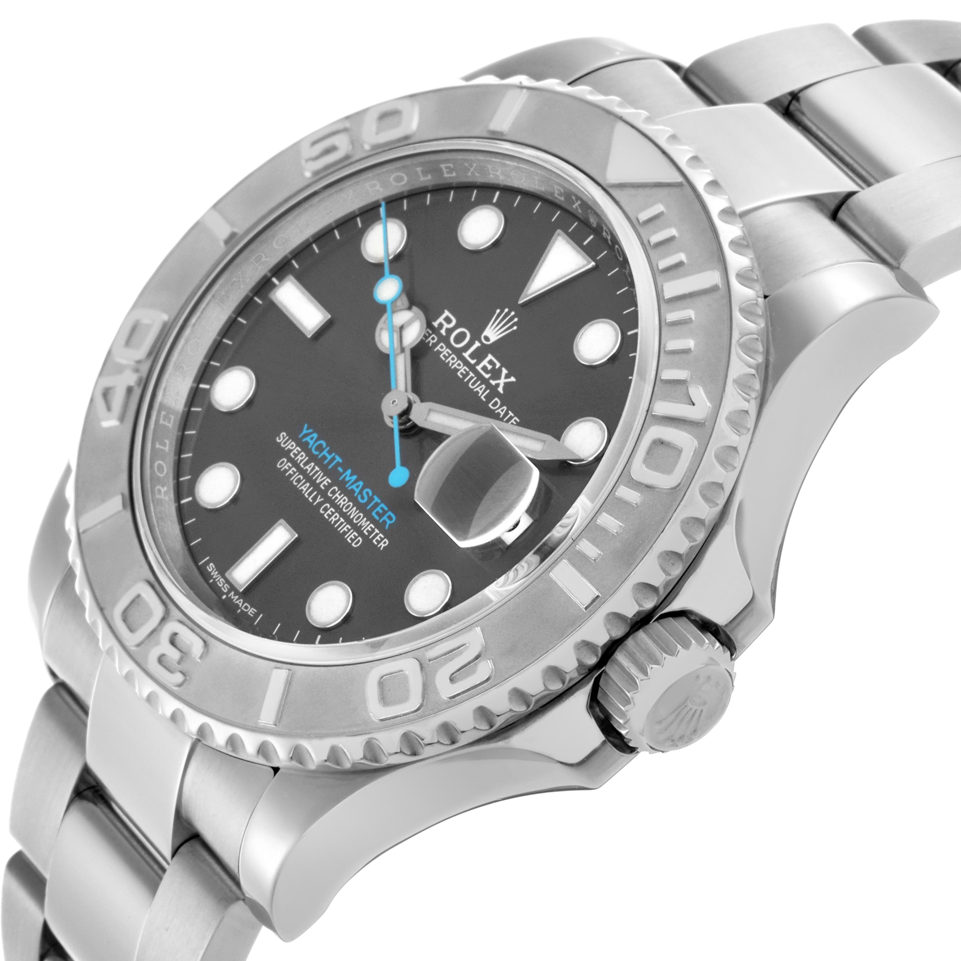 The Rolex Yacht-Master 116622 Men
s Stainless Steel Grey Dial 116622 Men
s Stainless Steel Grey Dial watch is shown at an angle highlighting the face, bezel, and band, emphasizing its details.