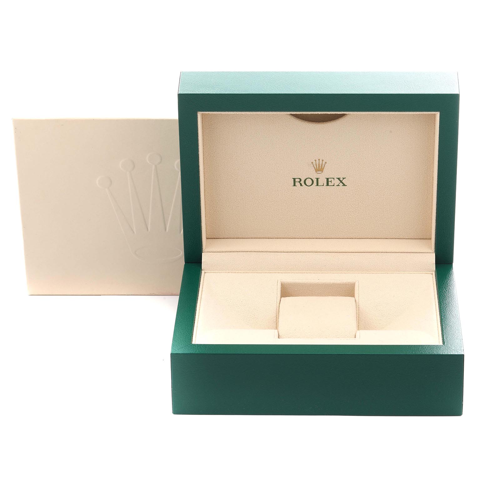 The image shows an open Rolex Yacht-Master 116622 Men
s Stainless Steel Grey Dial 116622 Men
s Stainless Steel Grey Dial watch box, displaying its inner compartments and branding.