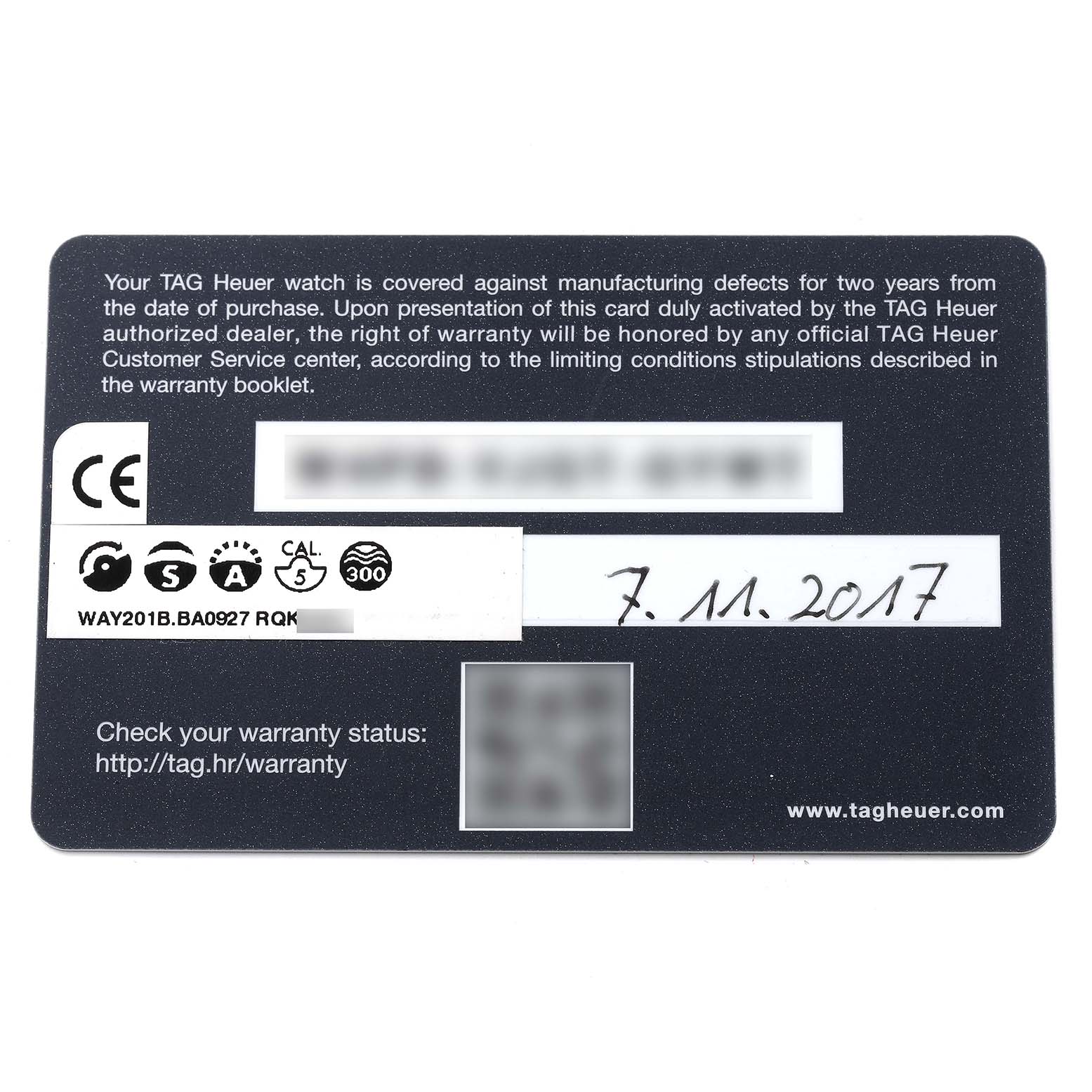 The image shows a warranty card for the Tag Heuer Aquaracer WAY201B Men's Stainless Steel Blue Dial WAY201B Men's Stainless Steel Blue Dial model, detailing warranty information and purchase date.