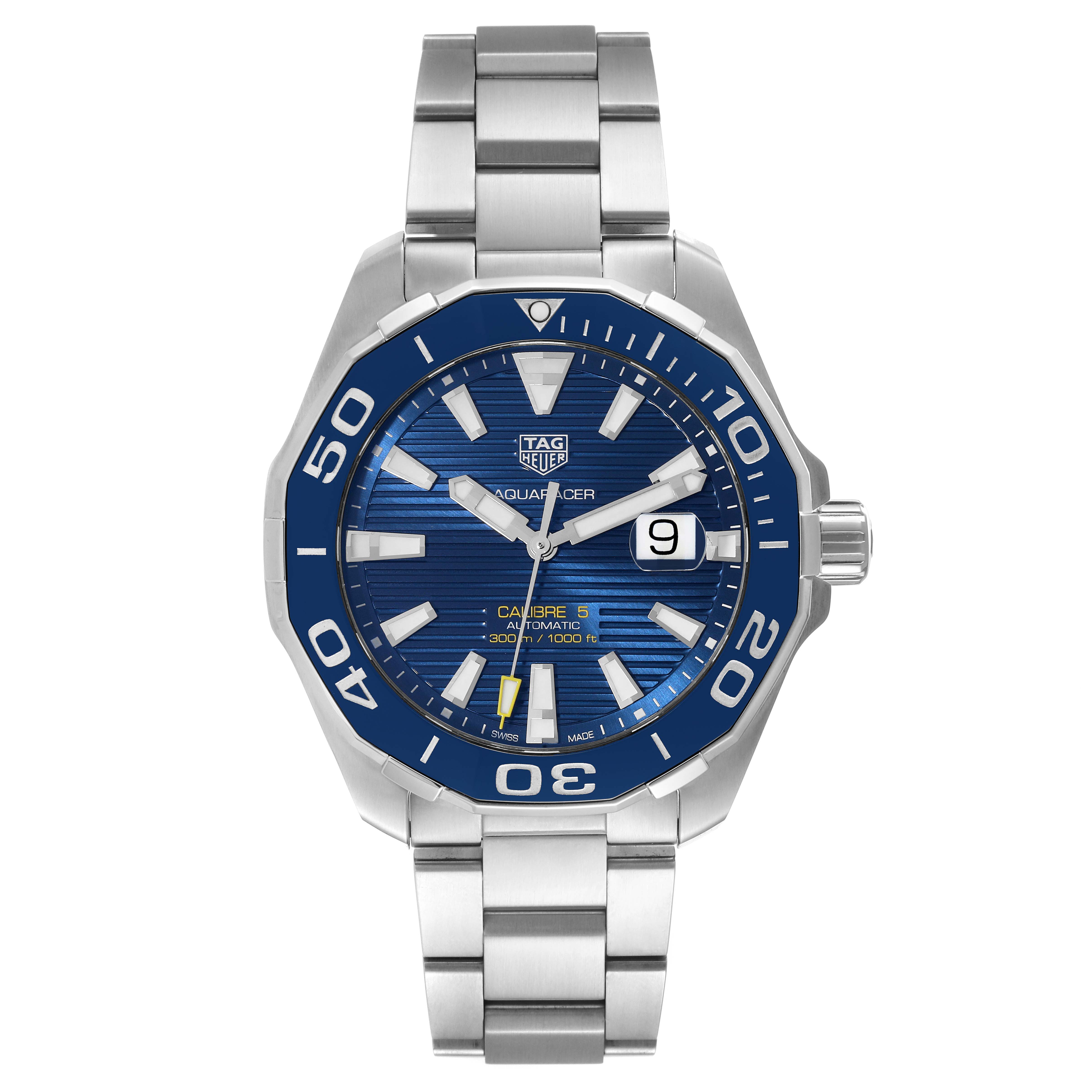 The Tag Heuer Aquaracer WAY201B Men's Stainless Steel Blue Dial WAY201B Men's Stainless Steel Blue Dial watch is shown from the front, displaying the dial, bezel, and bracelet.