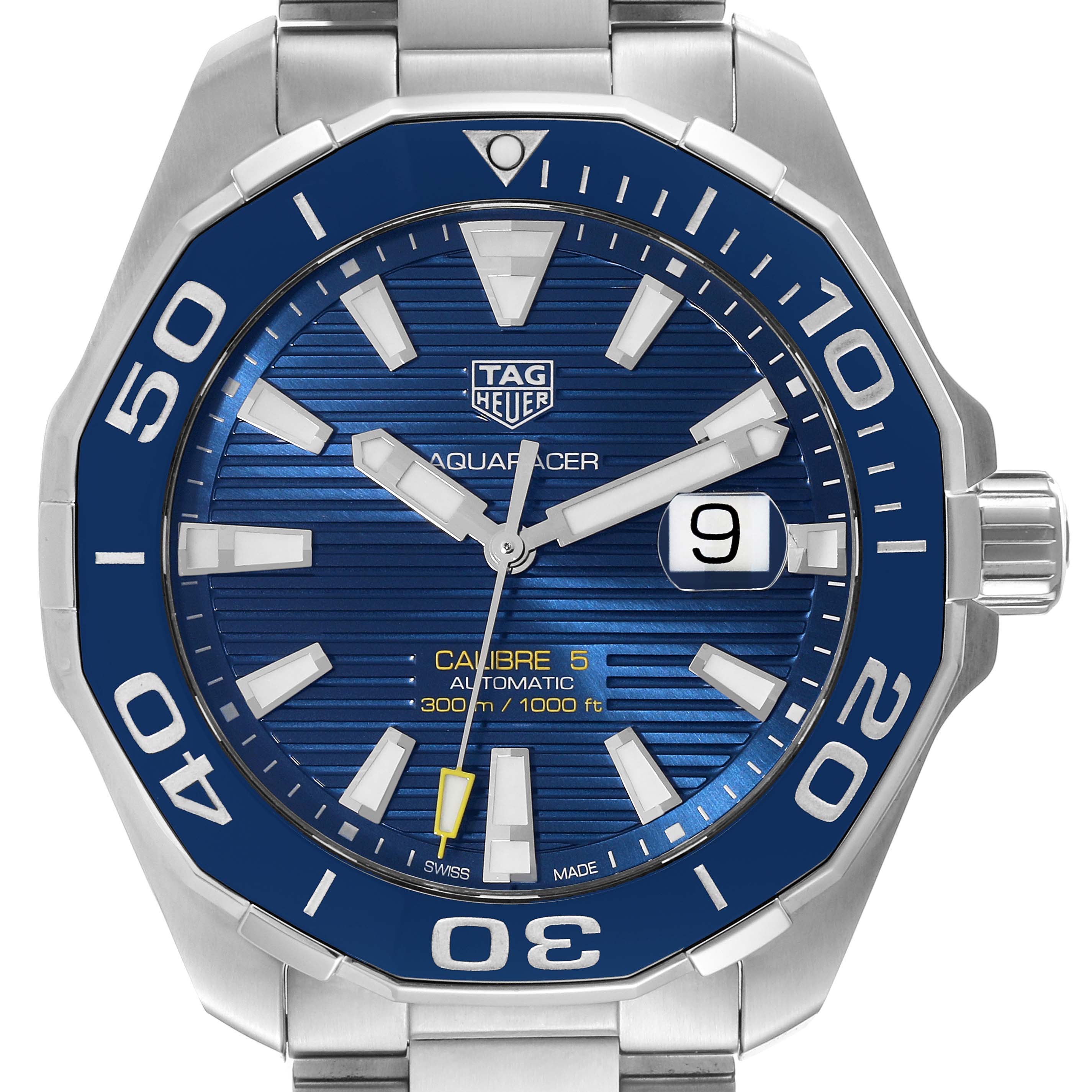 The image shows a front view of the Tag Heuer Aquaracer WAY201B Men's Stainless Steel Blue Dial WAY201B Men's Stainless Steel Blue Dial watch, highlighting the blue dial, bezel, and stainless steel case.