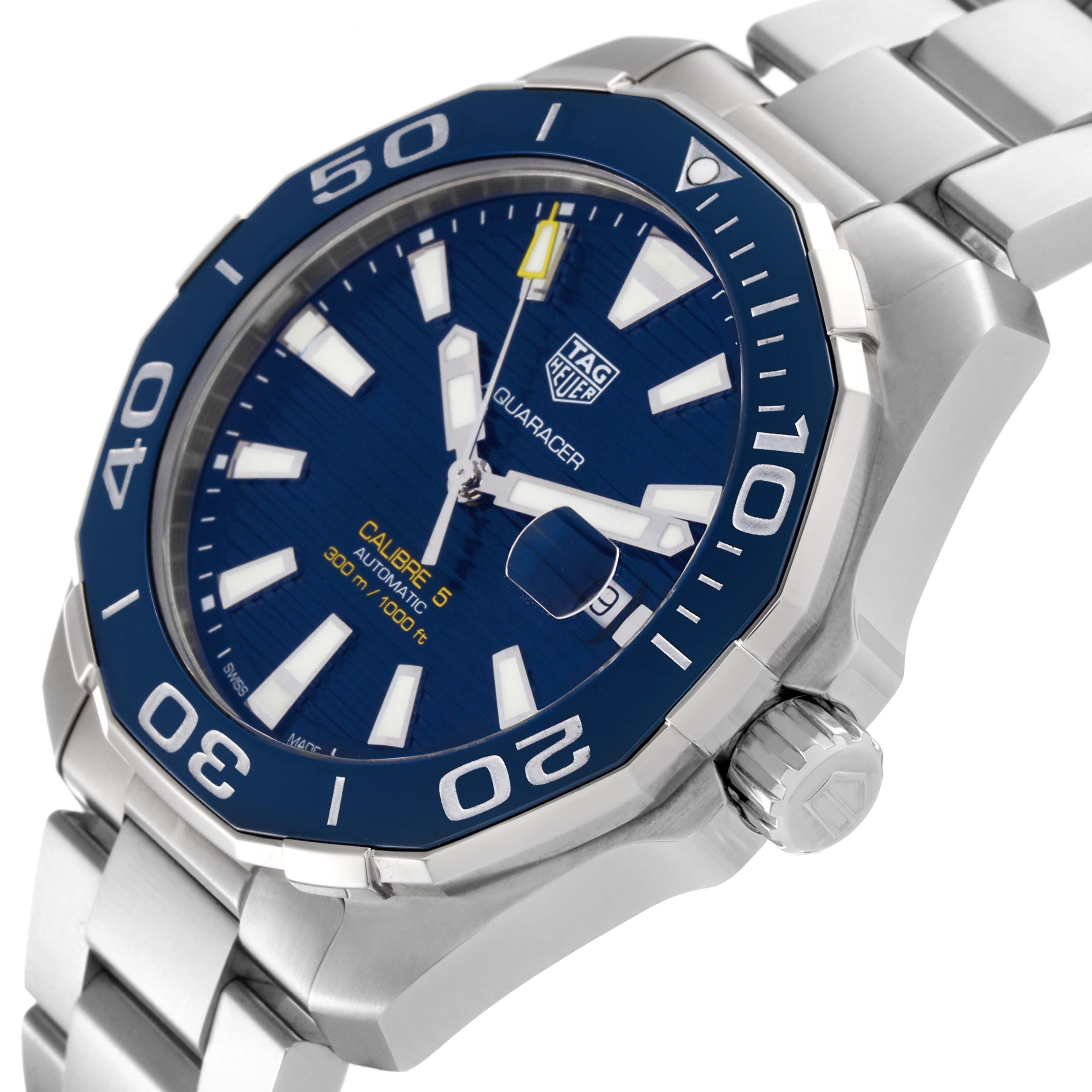 The image shows a close-up of the Tag Heuer Aquaracer WAY201B Men's Stainless Steel Blue Dial WAY201B Men's Stainless Steel Blue Dial watch, highlighting the bezel, dial, hands, and part of the bracelet.
