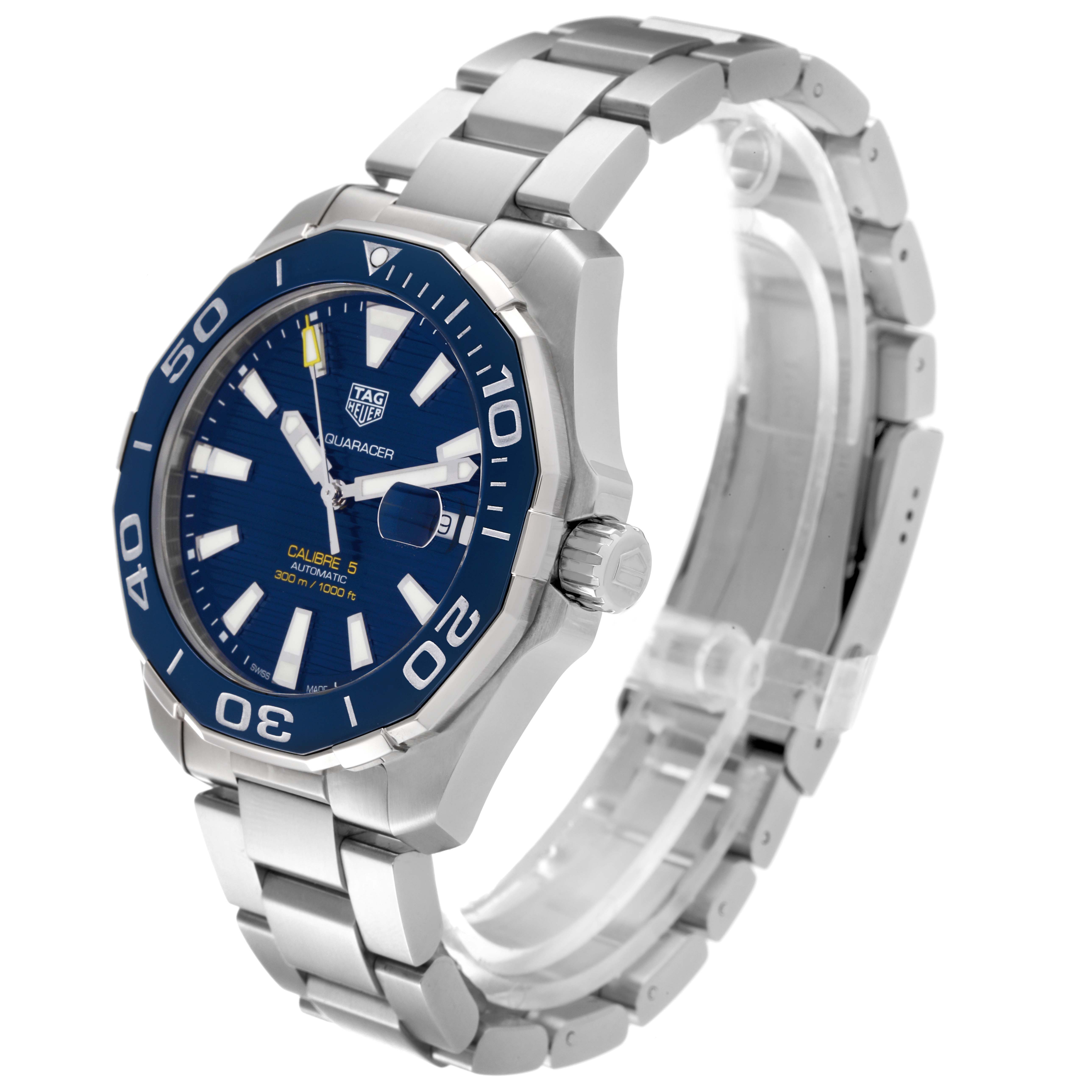 The image shows a Tag Heuer Aquaracer WAY201B Men's Stainless Steel Blue Dial WAY201B Men's Stainless Steel Blue Dial watch at a slight angle, highlighting its blue face, bezel, and stainless steel bracelet.