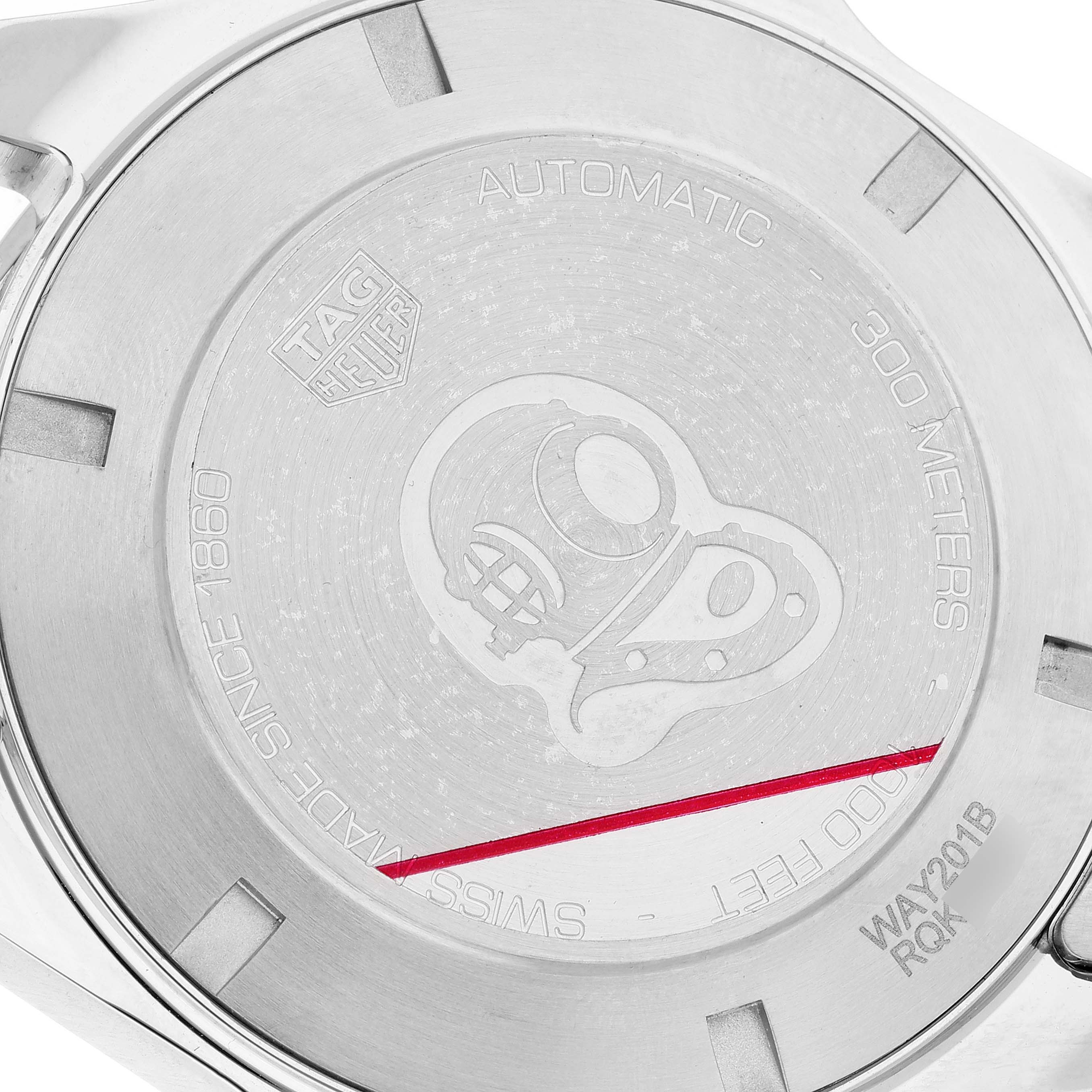 This image shows the back case of the Tag Heuer Aquaracer WAY201B Men's Stainless Steel Blue Dial WAY201B Men's Stainless Steel Blue Dial watch model WAY201B, featuring the brand logo, depth rating, and a diver helmet engraving.