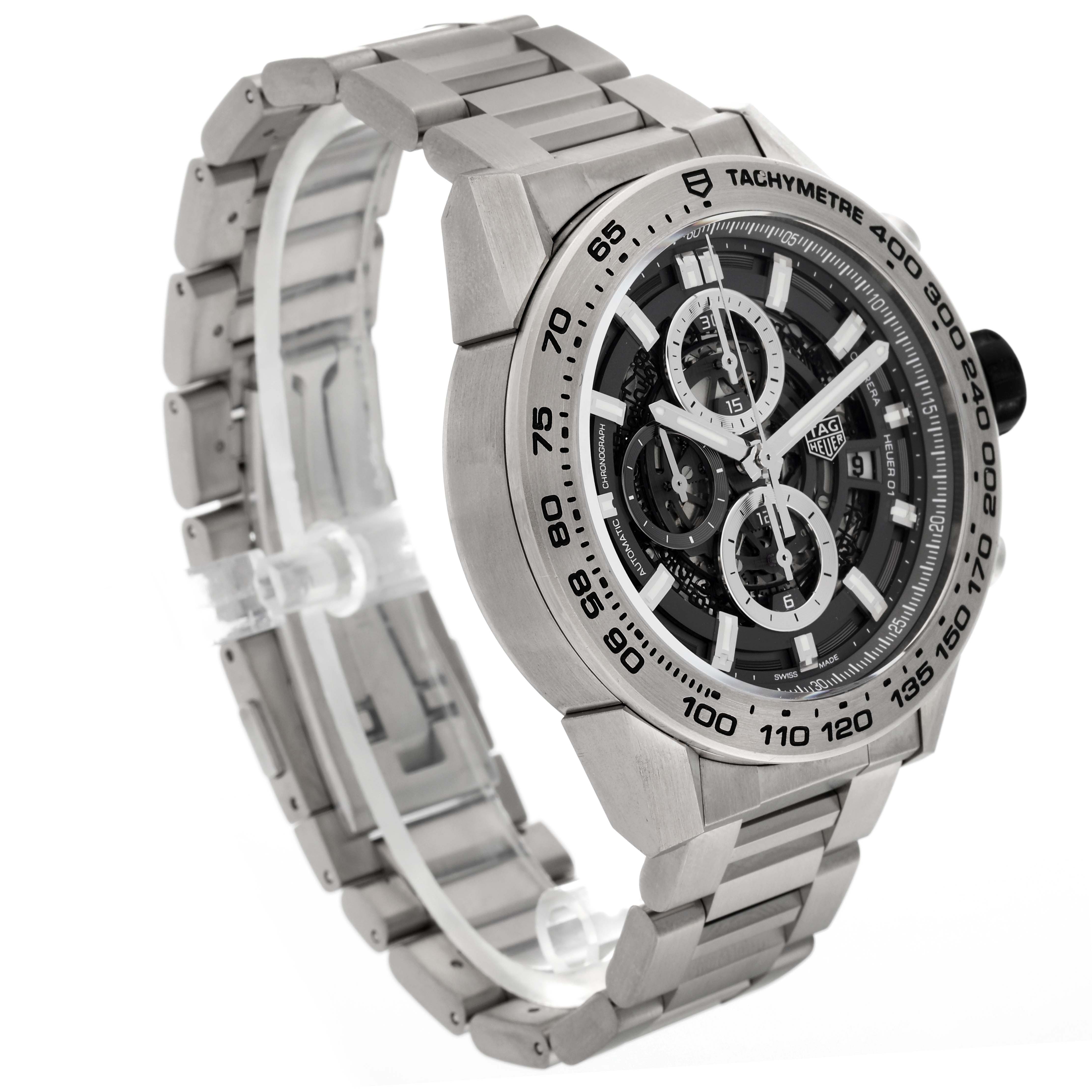 This image shows a side view of a Tag Heuer Carrera CAR2A8A.BF0707 Men's Titanium Grey Dial CAR2A8A.BF0707 Men's Titanium Grey Dial model watch highlighting the dial, bezel, and metal strap.