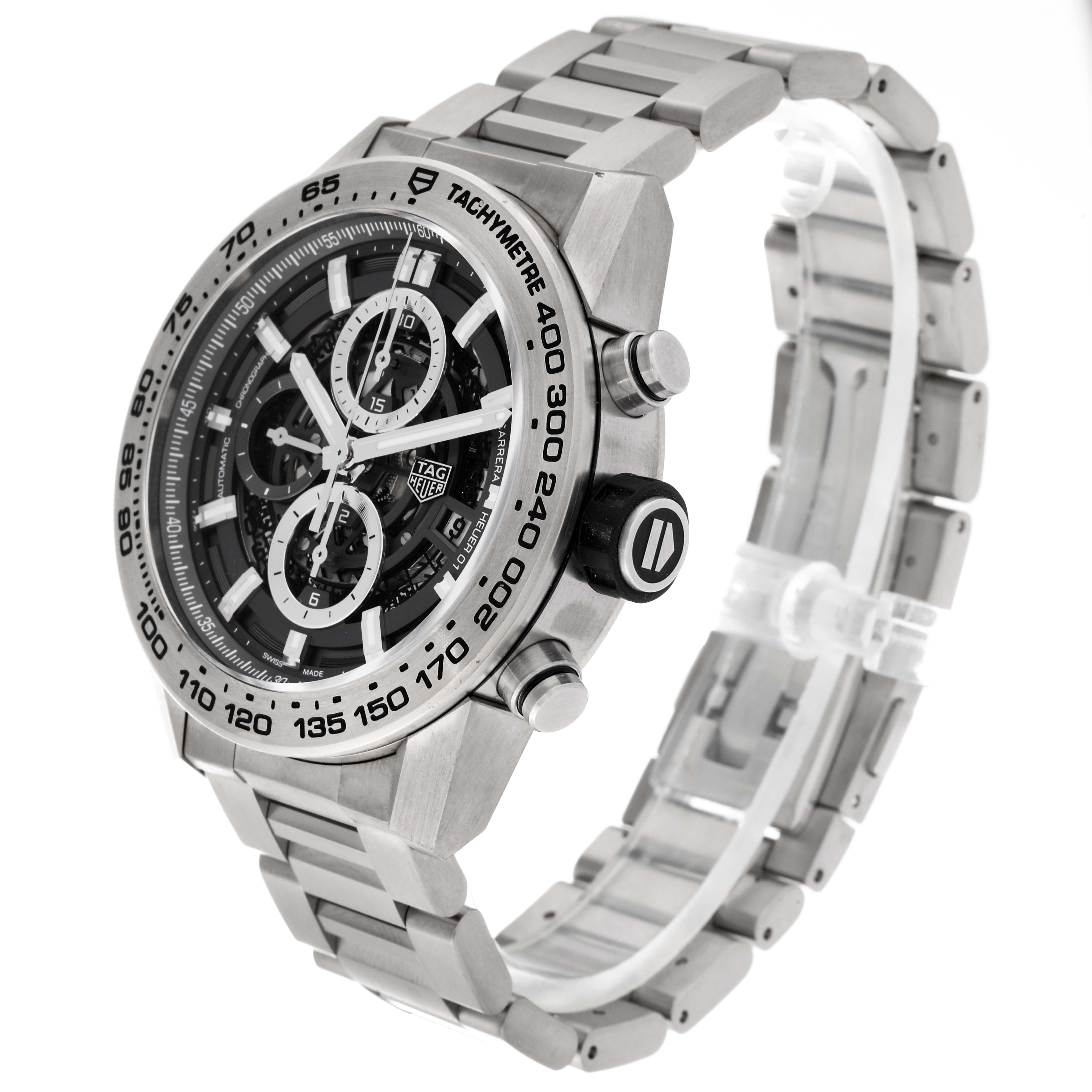 The image shows a side-angle view of the Tag Heuer Carrera CAR2A8A.BF0707 Men's Titanium Grey Dial CAR2A8A.BF0707 Men's Titanium Grey Dial watch, displaying its face, bezel, and metal bracelet.