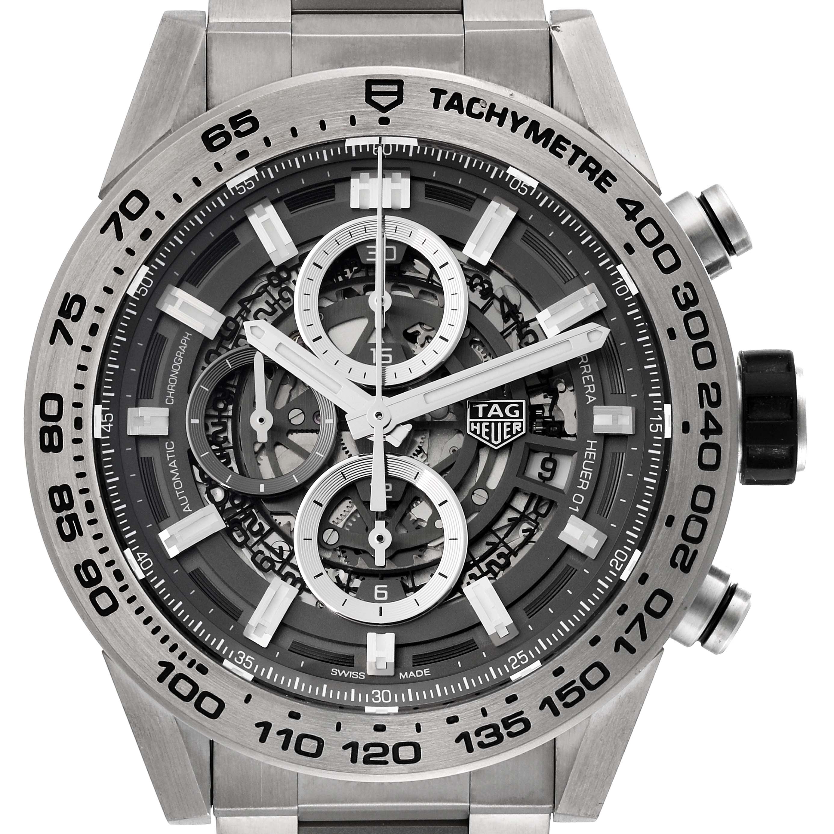 The image shows a frontal view of the Tag Heuer Carrera CAR2A8A.BF0707 Men's Titanium Grey Dial CAR2A8A.BF0707 Men's Titanium Grey Dial watch, highlighting the dial, bezel, and tachymeter scale.