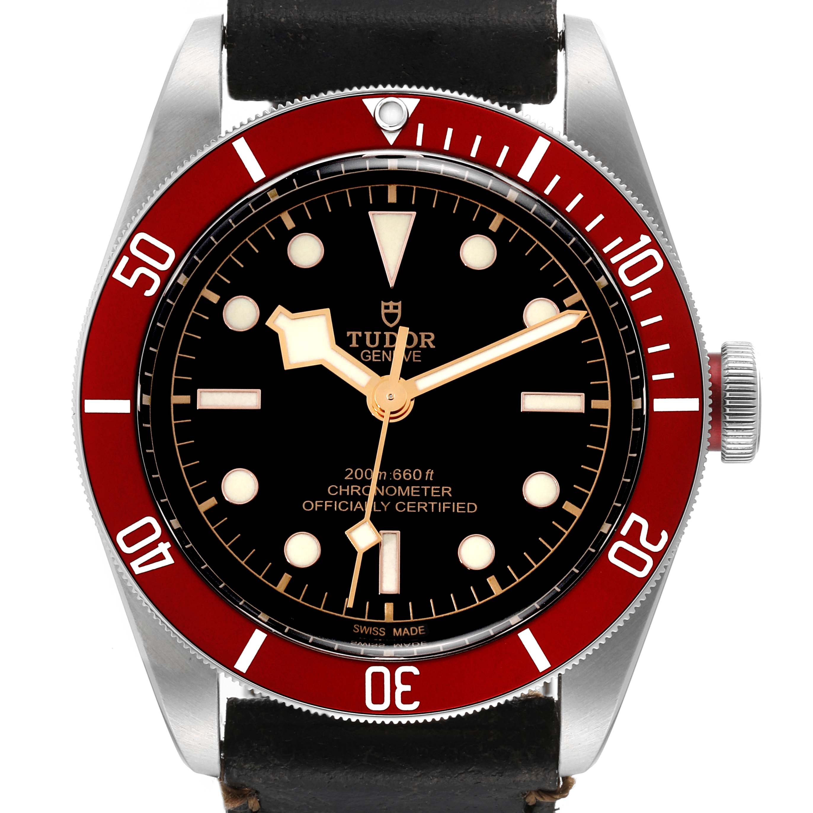 The image shows a frontal view of the Tudor Heritage Black Bay M79230R-0010 Men's Stainless Steel Black Dial M79230R-0010 Men's Stainless Steel Black Dial watch, highlighting the bezel, dial, hands, crown, and strap.