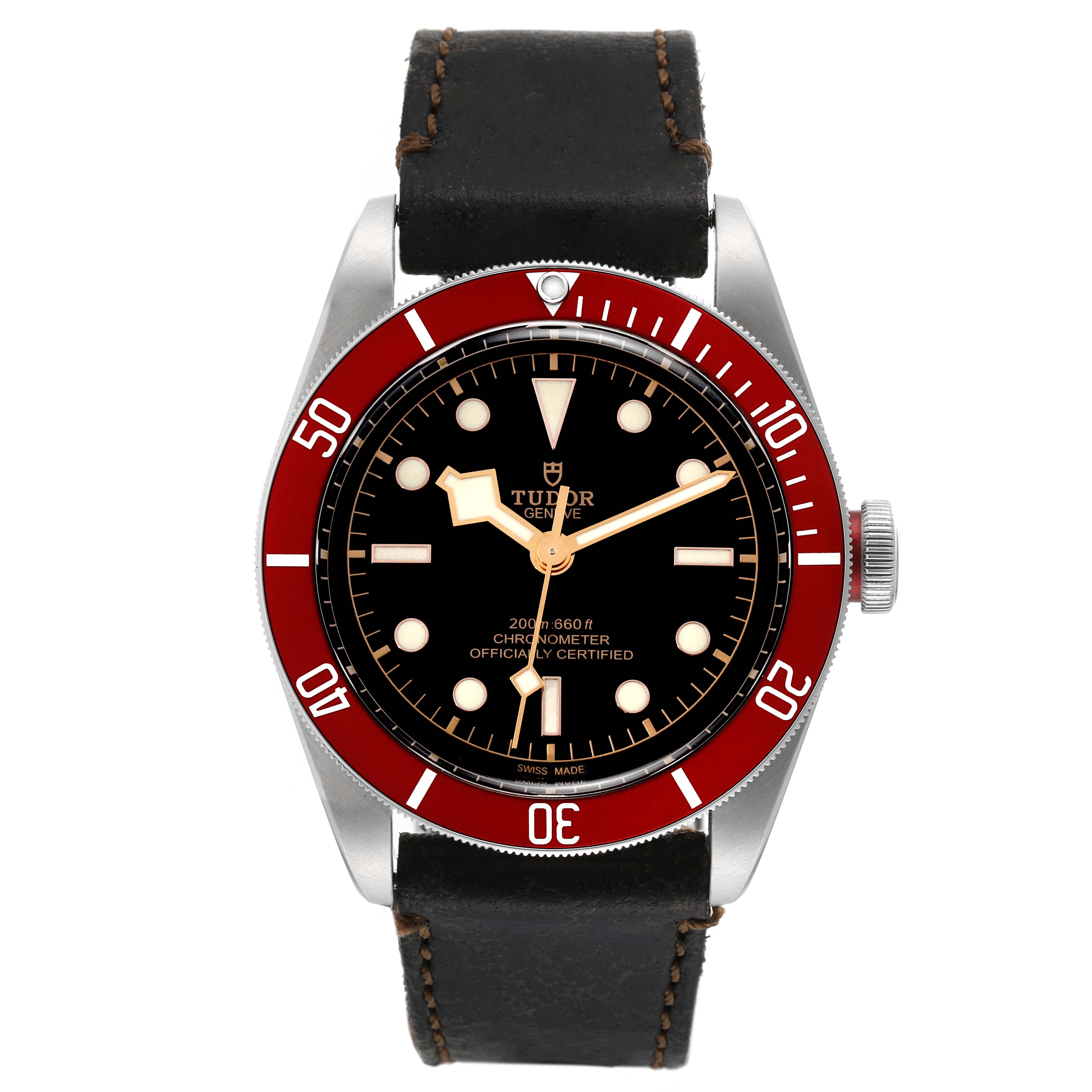 This is a front view of the Tudor Heritage Black Bay M79230R-0010 Men's Stainless Steel Black Dial M79230R-0010 Men's Stainless Steel Black Dial watch, showing the dial, bezel, case, and strap.