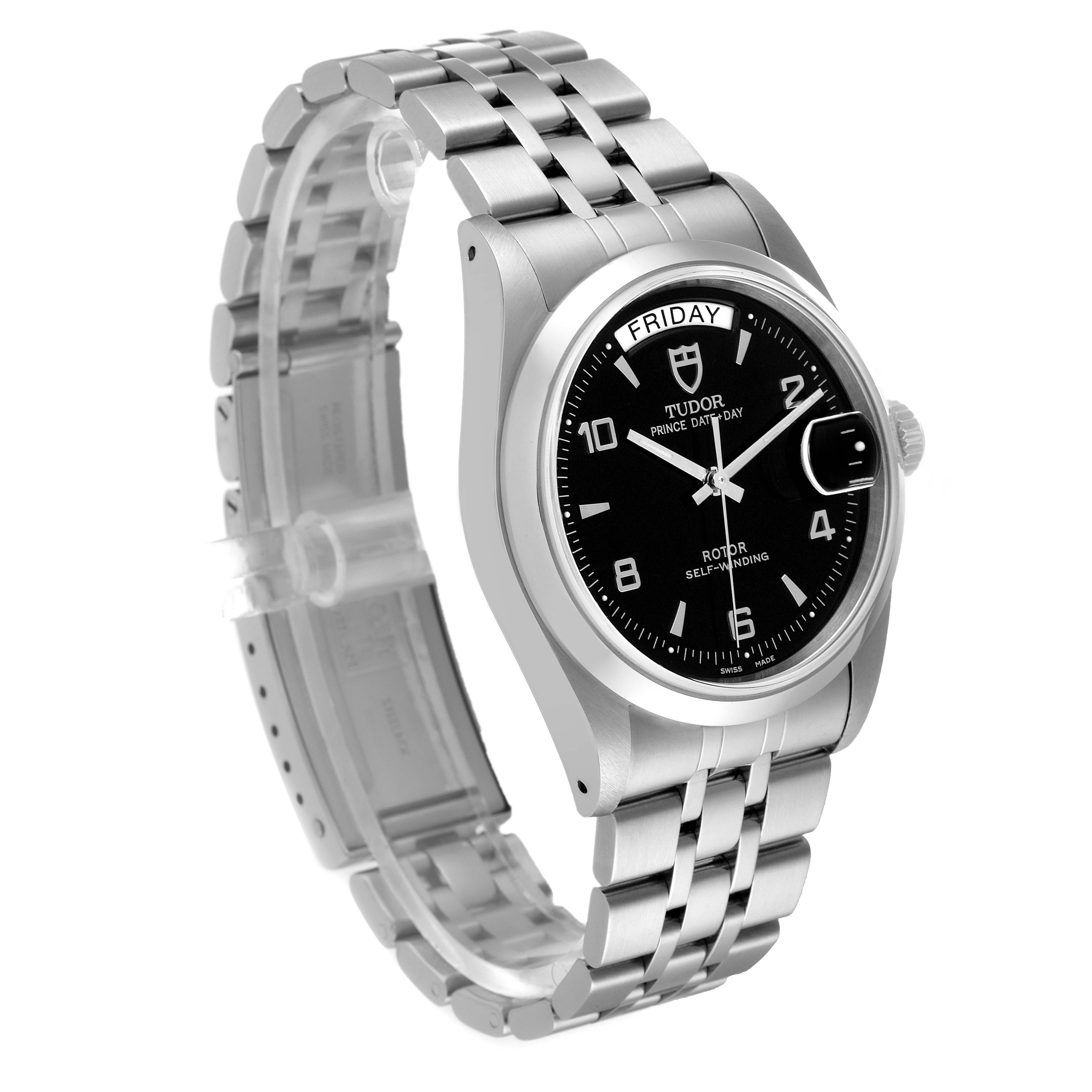 The image shows a Tudor Prince 76200 Men's Stainless Steel Black Dial 76200 Men's Stainless Steel Black Dial watch from a slight angled side view, highlighting the black dial, day-date display, and metal bracelet.
