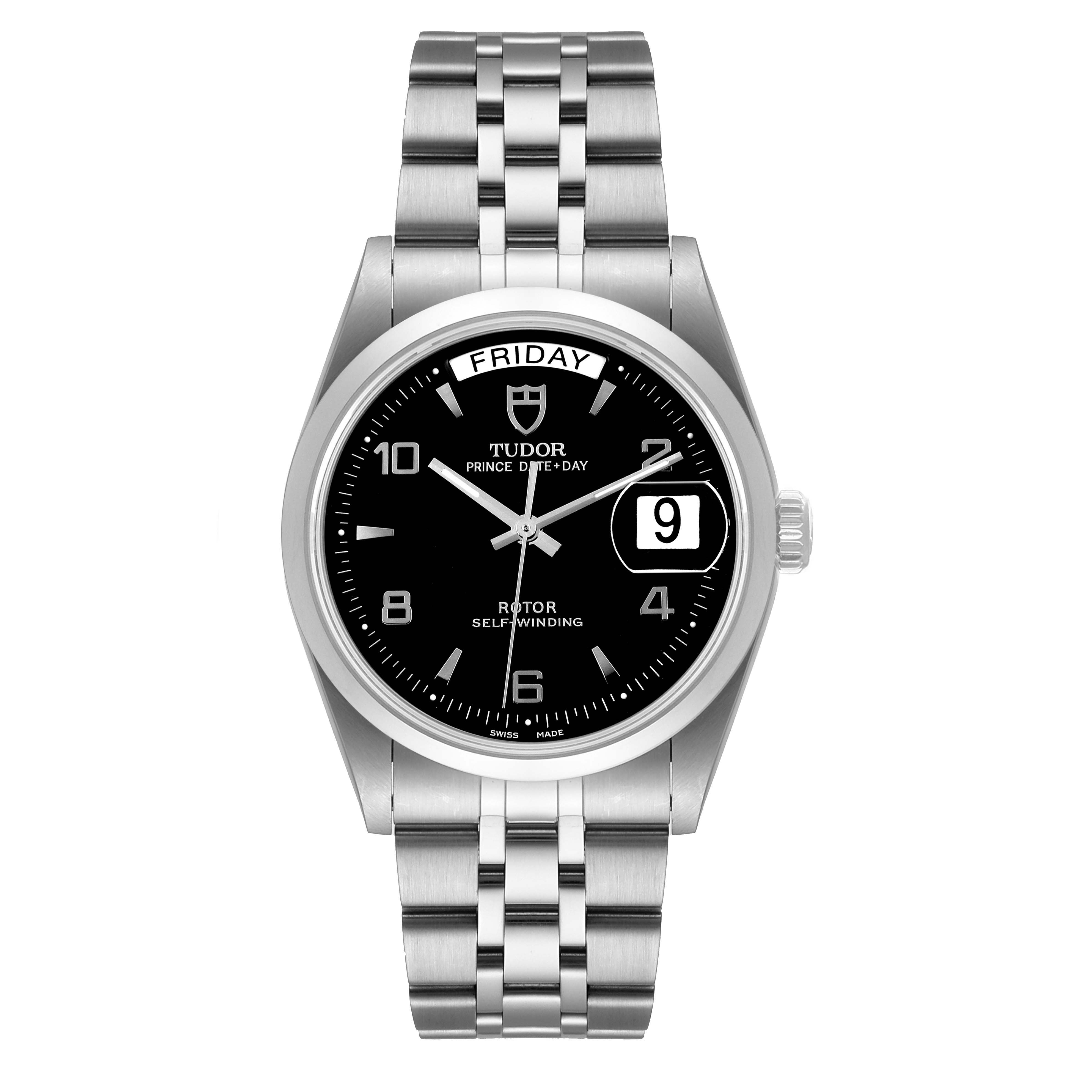 This image shows a front view of the Tudor Prince 76200 Men's Stainless Steel Black Dial 76200 Men's Stainless Steel Black Dial watch, highlighting the dial, day-date display, and stainless steel bracelet.