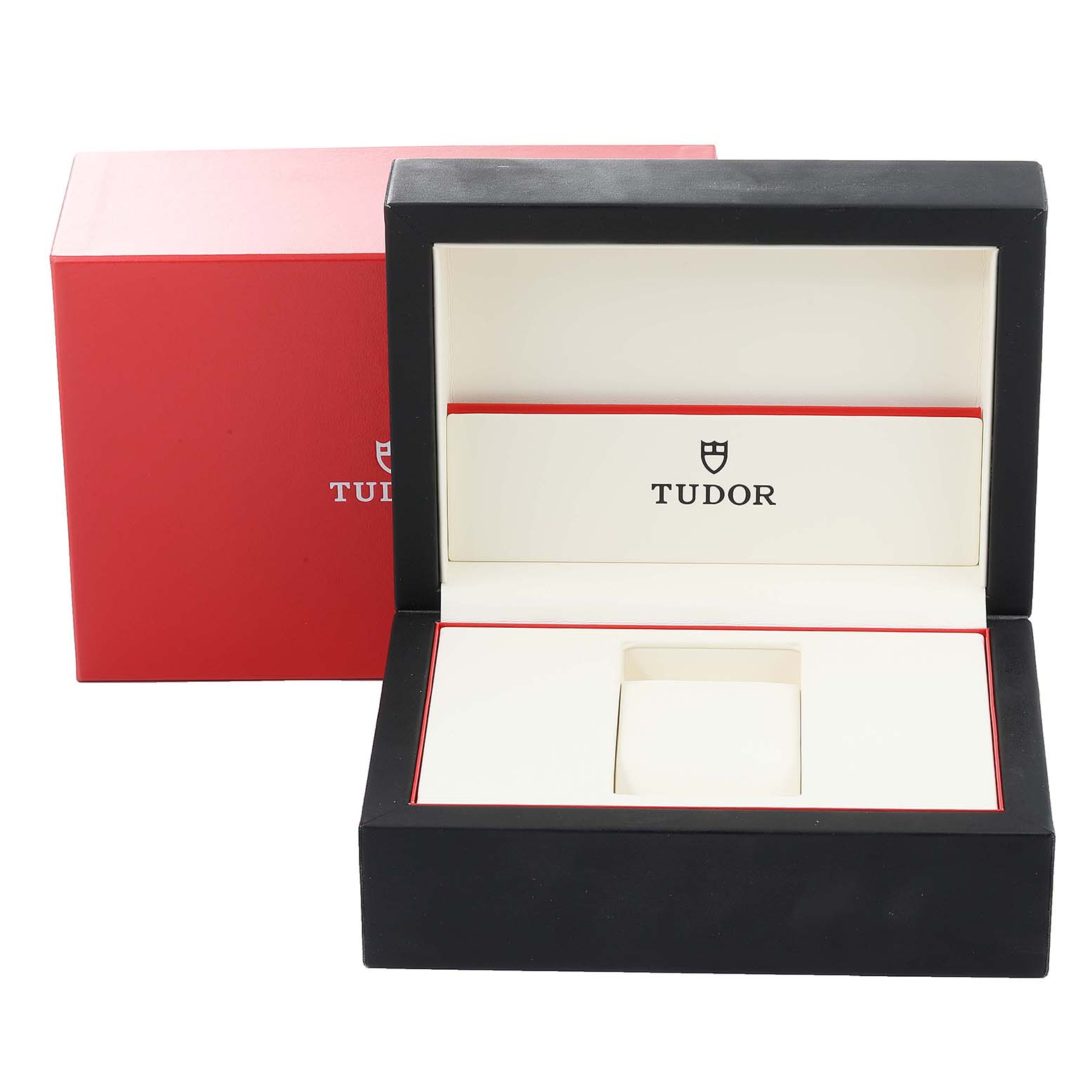 The image shows an open Tudor Prince 76200 Men's Stainless Steel Black Dial 76200 Men's Stainless Steel Black Dial watch box with a red outer box in the background.