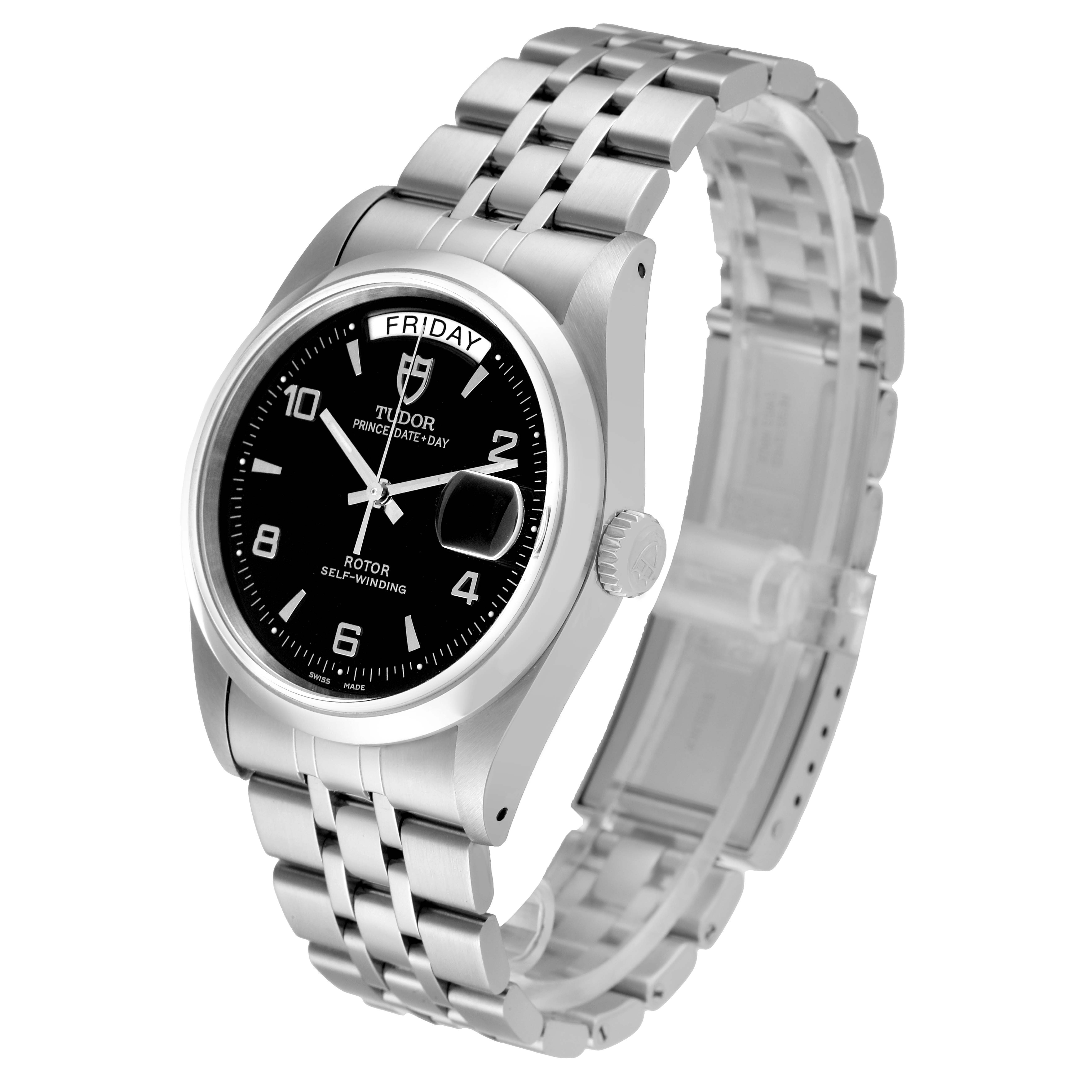 The image shows a Tudor Prince 76200 Men's Stainless Steel Black Dial 76200 Men's Stainless Steel Black Dial model watch at a three-quarter angle, highlighting the face, bezel, crown, and bracelet.