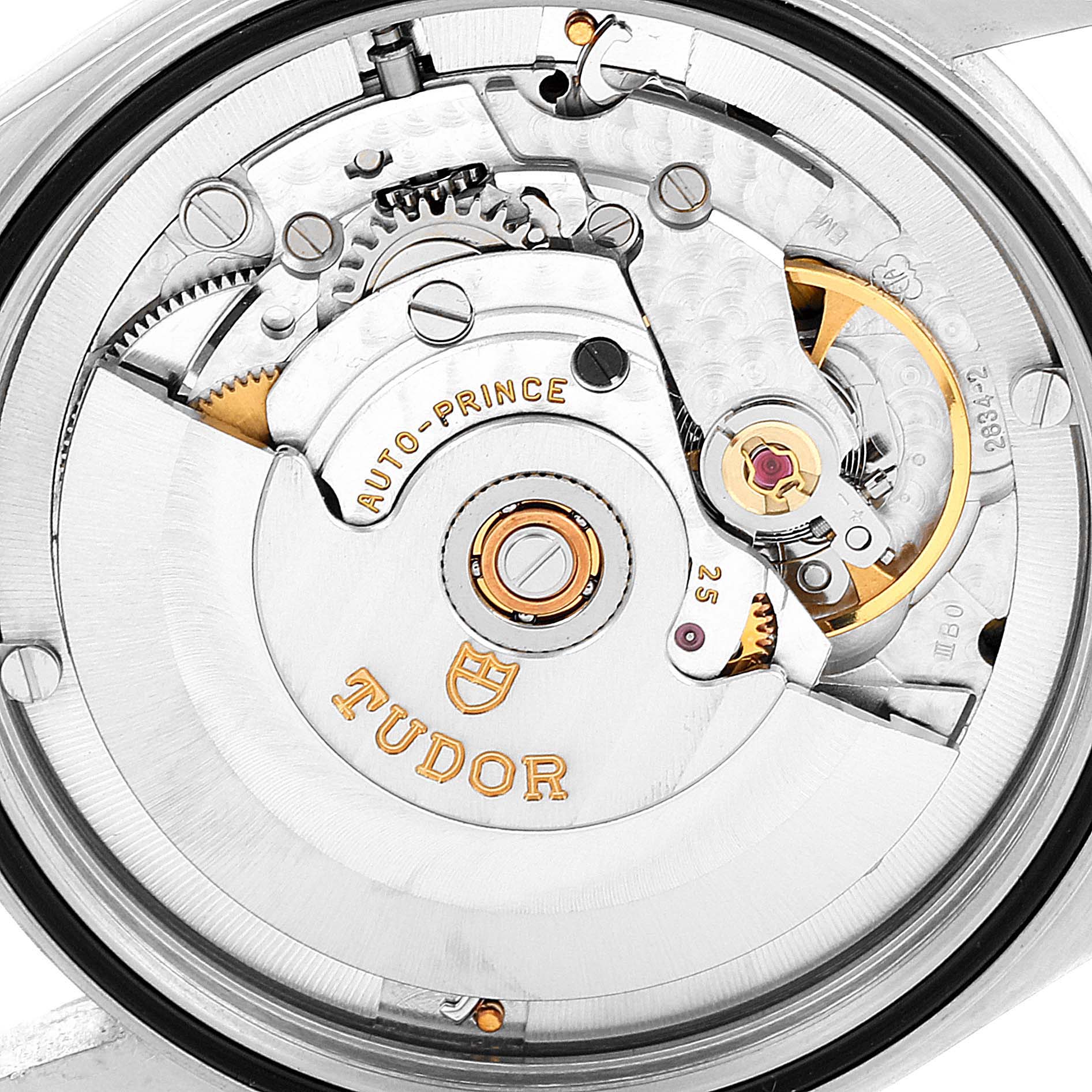 This image shows the internal mechanism of a Tudor Prince 76200 Men's Stainless Steel Black Dial 76200 Men's Stainless Steel Black Dial model watch from a close-up rear angle.