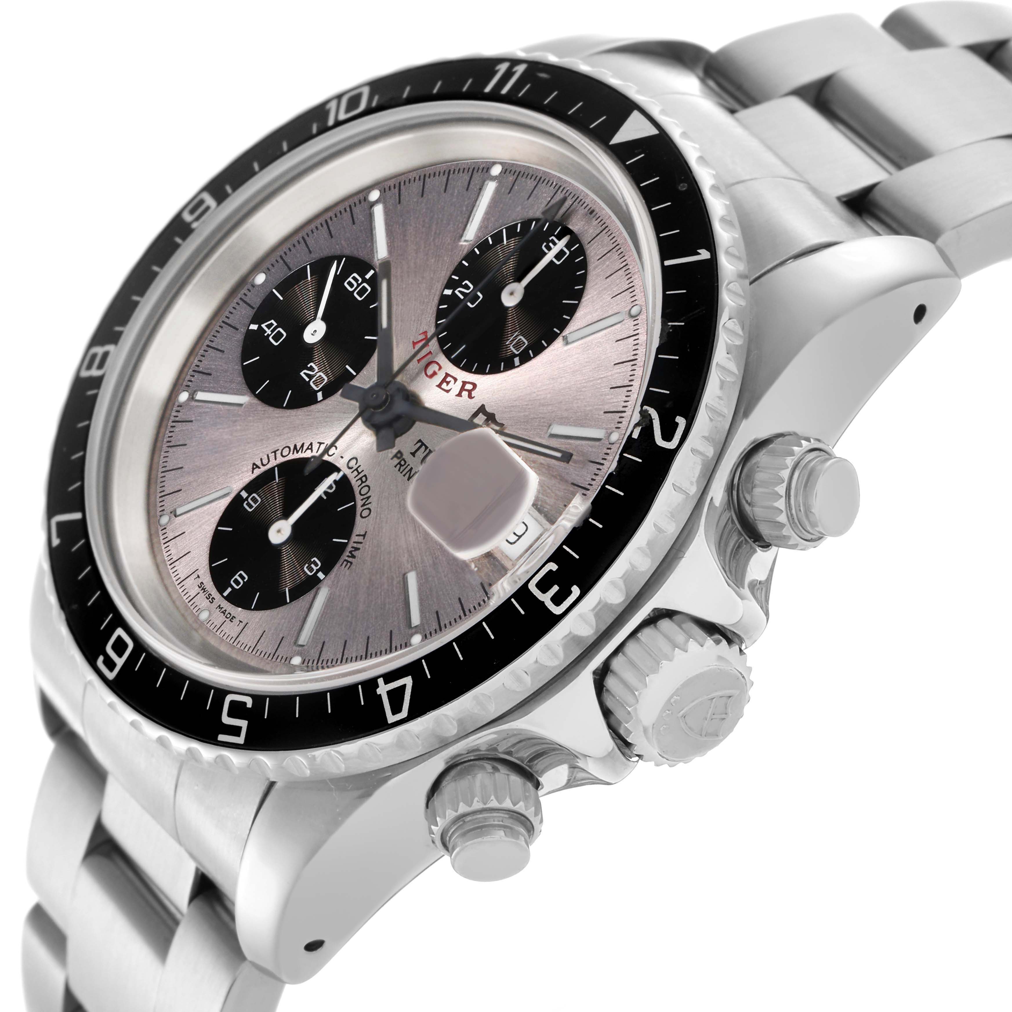 The Tudor Prince 79270 Men
s Stainless Steel Silver Dial 79270 Men
s Stainless Steel Silver Dial watch is shown at an angle displaying the dial, bezel, crown, pushers, and bracelet.