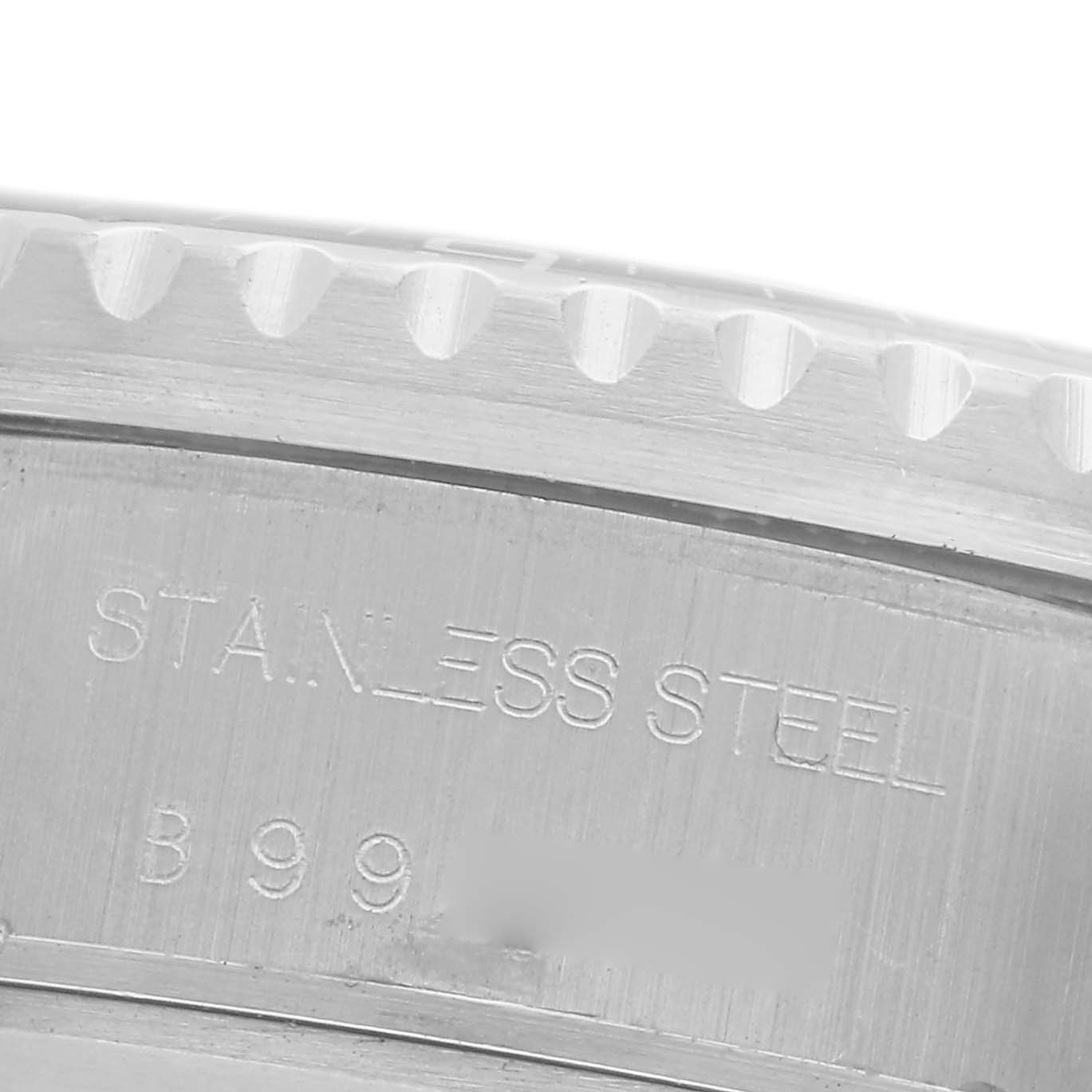 The image shows a close-up of the stainless steel engraving on the caseback edge of a Tudor Prince 79270 Men
s Stainless Steel Silver Dial 79270 Men
s Stainless Steel Silver Dial model.